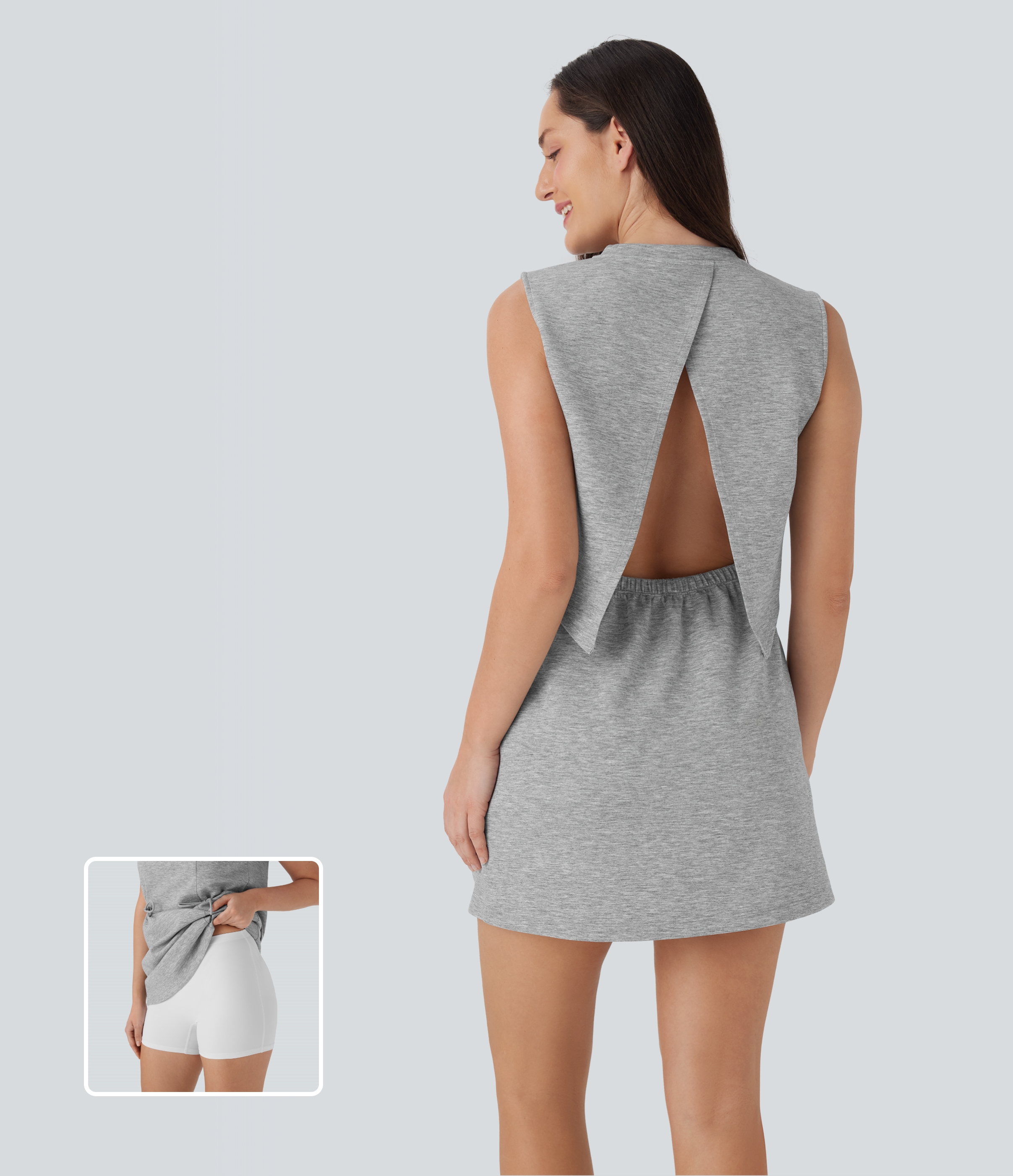 Rückenfreies, ärmelloses, 2-teiliges Minigolf-Aktivkleid mit Kordelzug