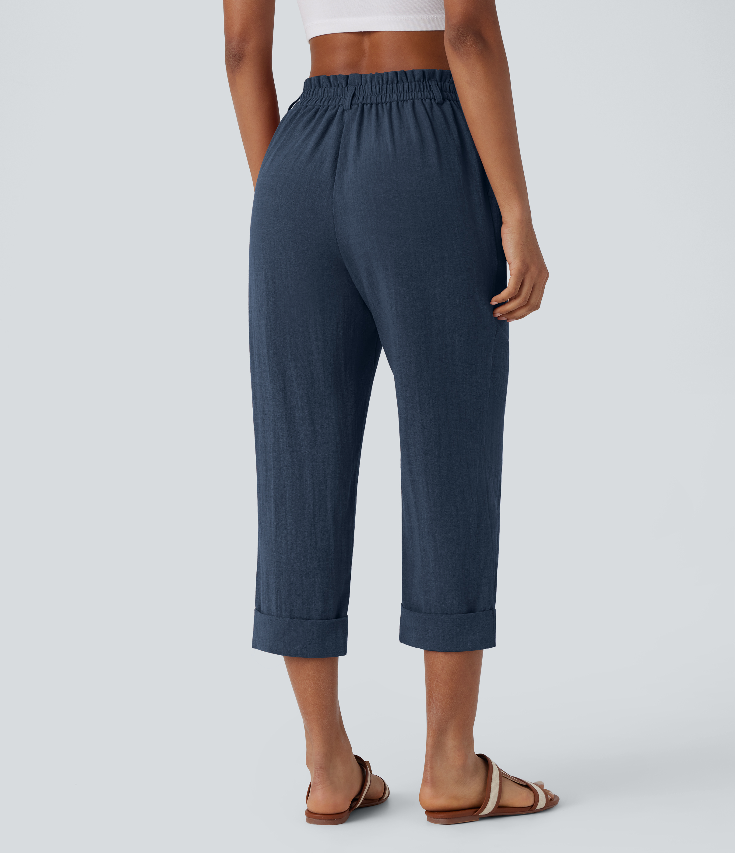 Deep Secluded Blue Pantalon capri effet lin taille haute avec poches zippées / 2