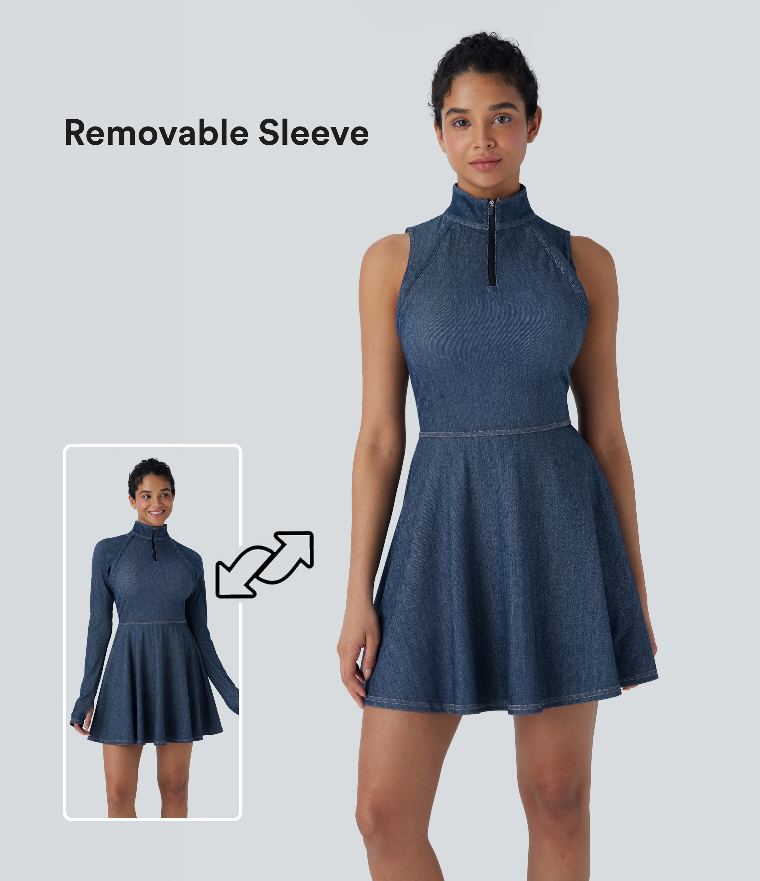 Halara Flex™ Zipper Removable Sleeve Thumb Hole Flare Mini  Washed Denim Tennis Active Dress