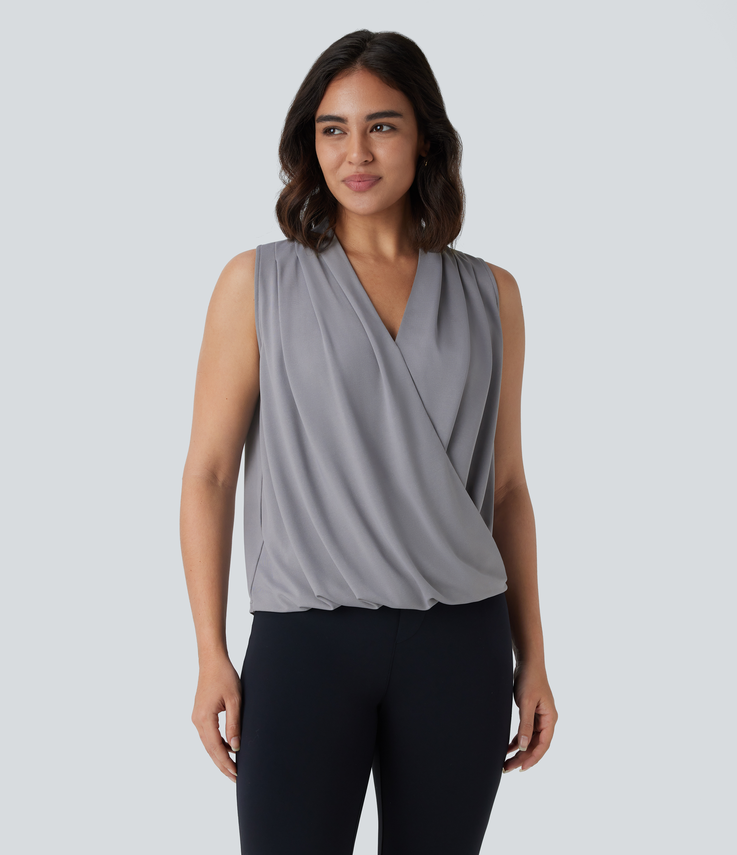 V Neck Sleeveless Wrapped Crossover Work Blouse