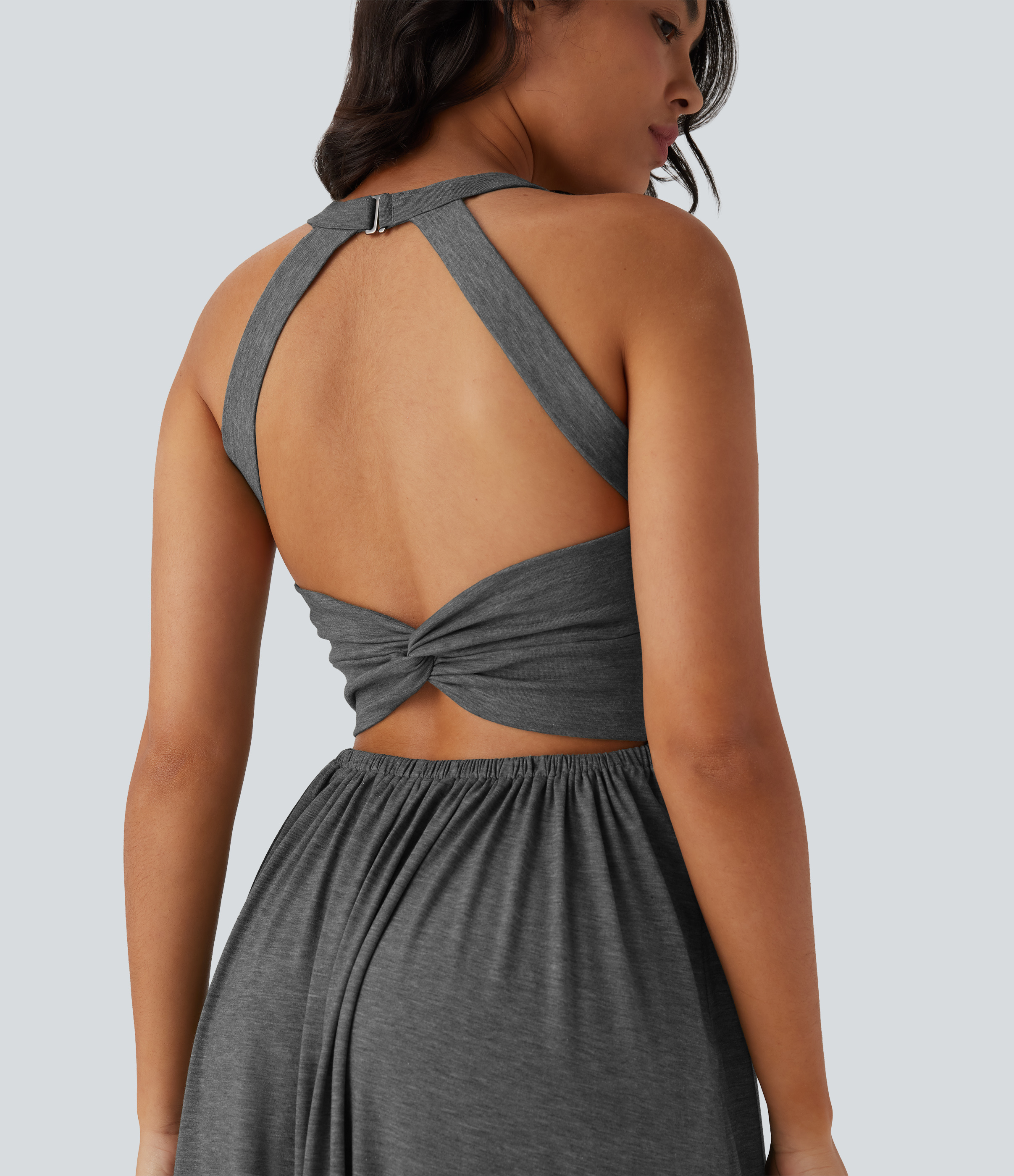 low back flowy dress Women's Twisted Backless Split Maxi Resort with Pockets Color:White-Blue wow30 do not tumble dry Tifa Wears Her Blue