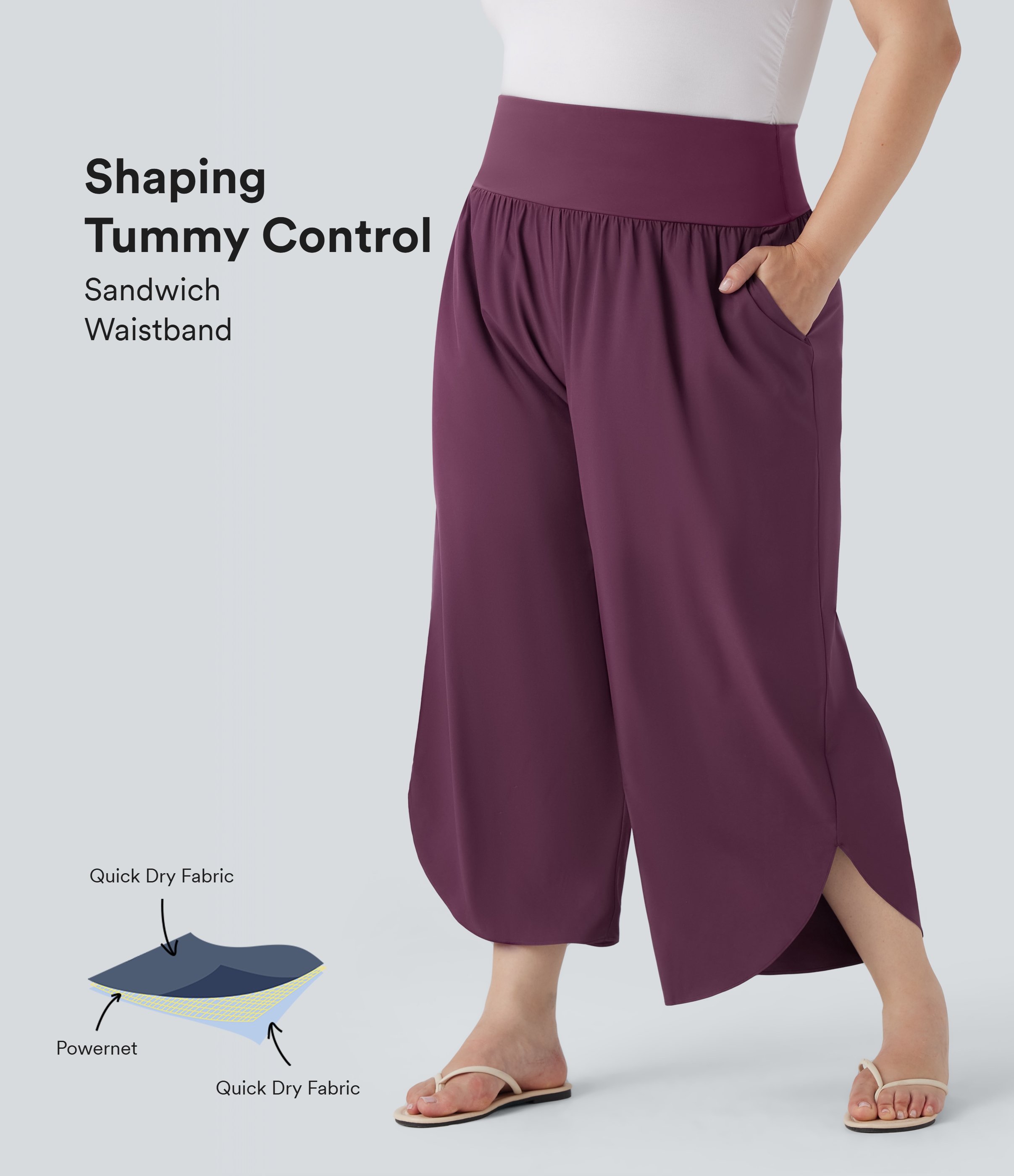 Pantalón moldeador Breezeful™ de tiro alto con efecto moldeador de abdomen, dobladillo dividido, secado rápido y bolsillos laterales de talla grande