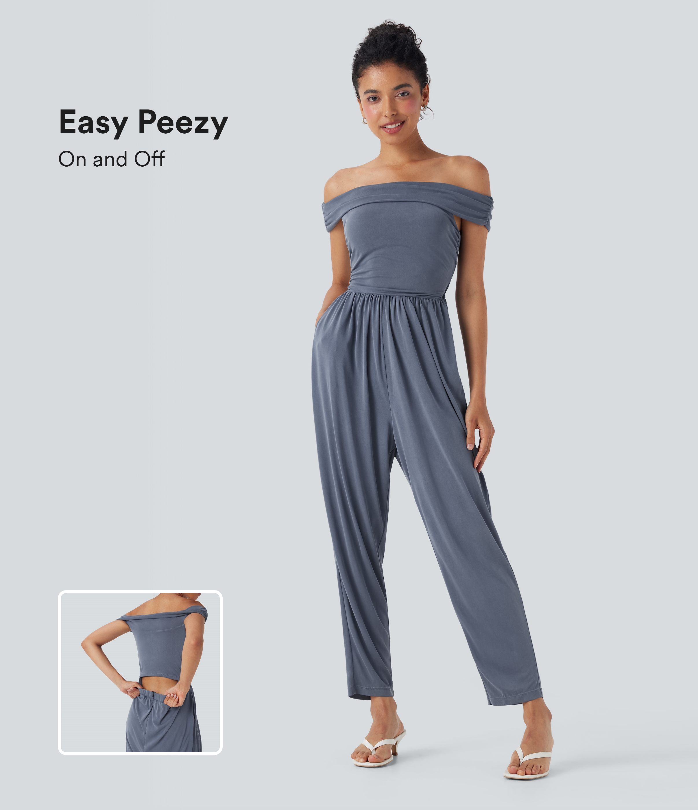 Flint Stone Off Shoulder Back Zipper Casual Jumpsuit with Pockets-Easy Peezy / 1