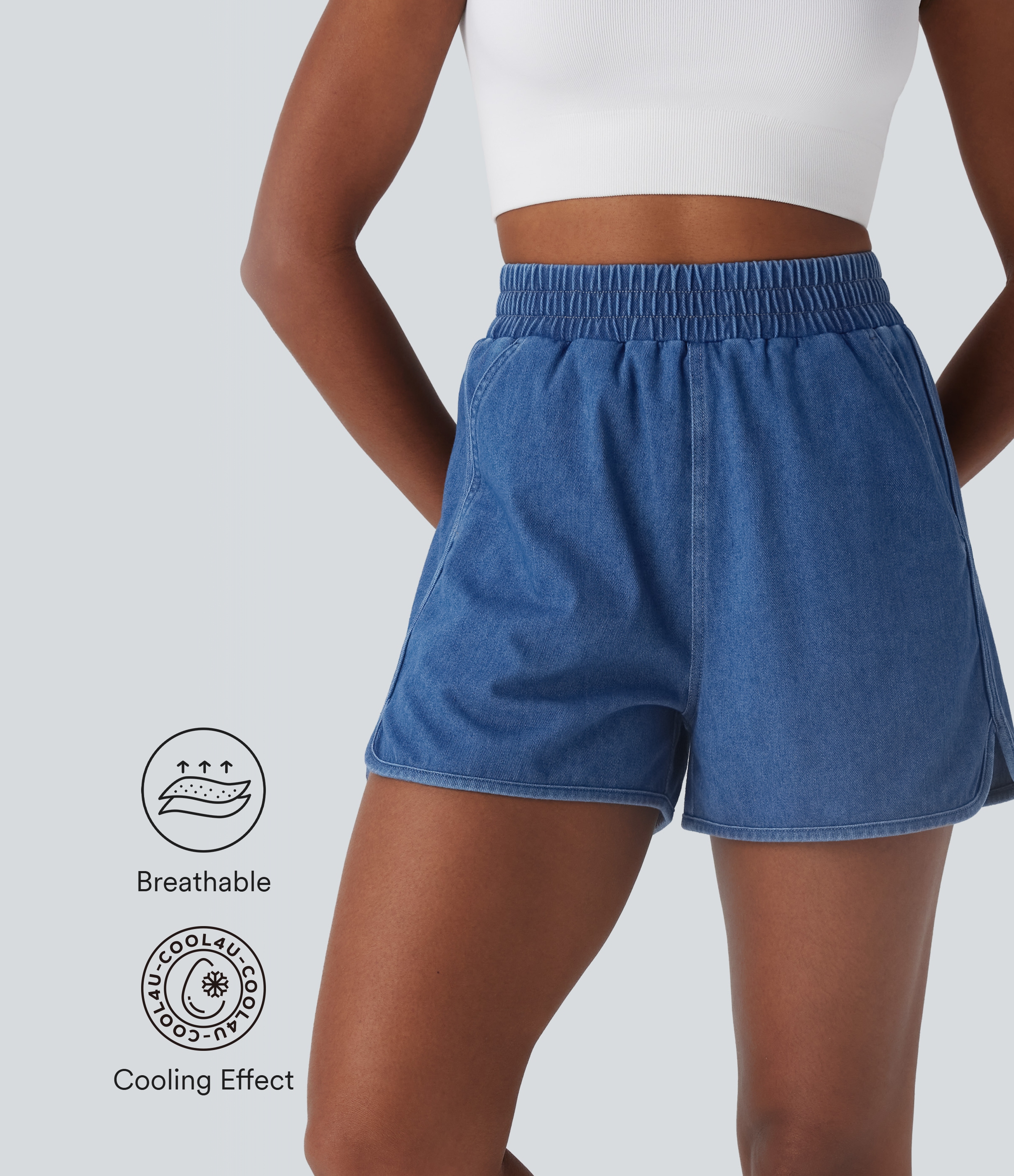 Halara Flex™ High Waisted Curved Hem Cool Touch Washed Denim Casual Shorts with Pockets