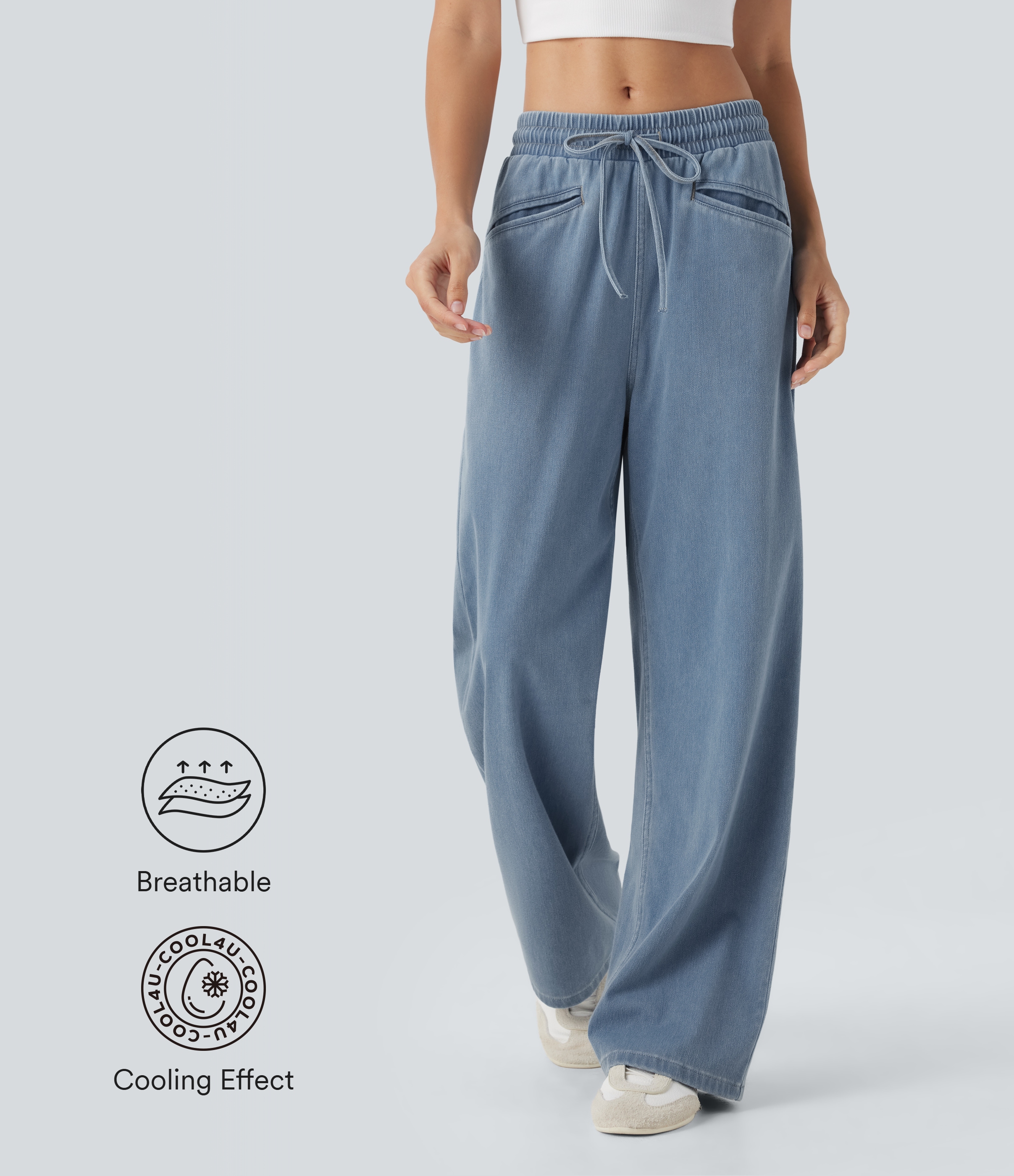 Jean décontracté Halara Flex™ taille haute large à cordon en maille extensible toucher frais avec poches