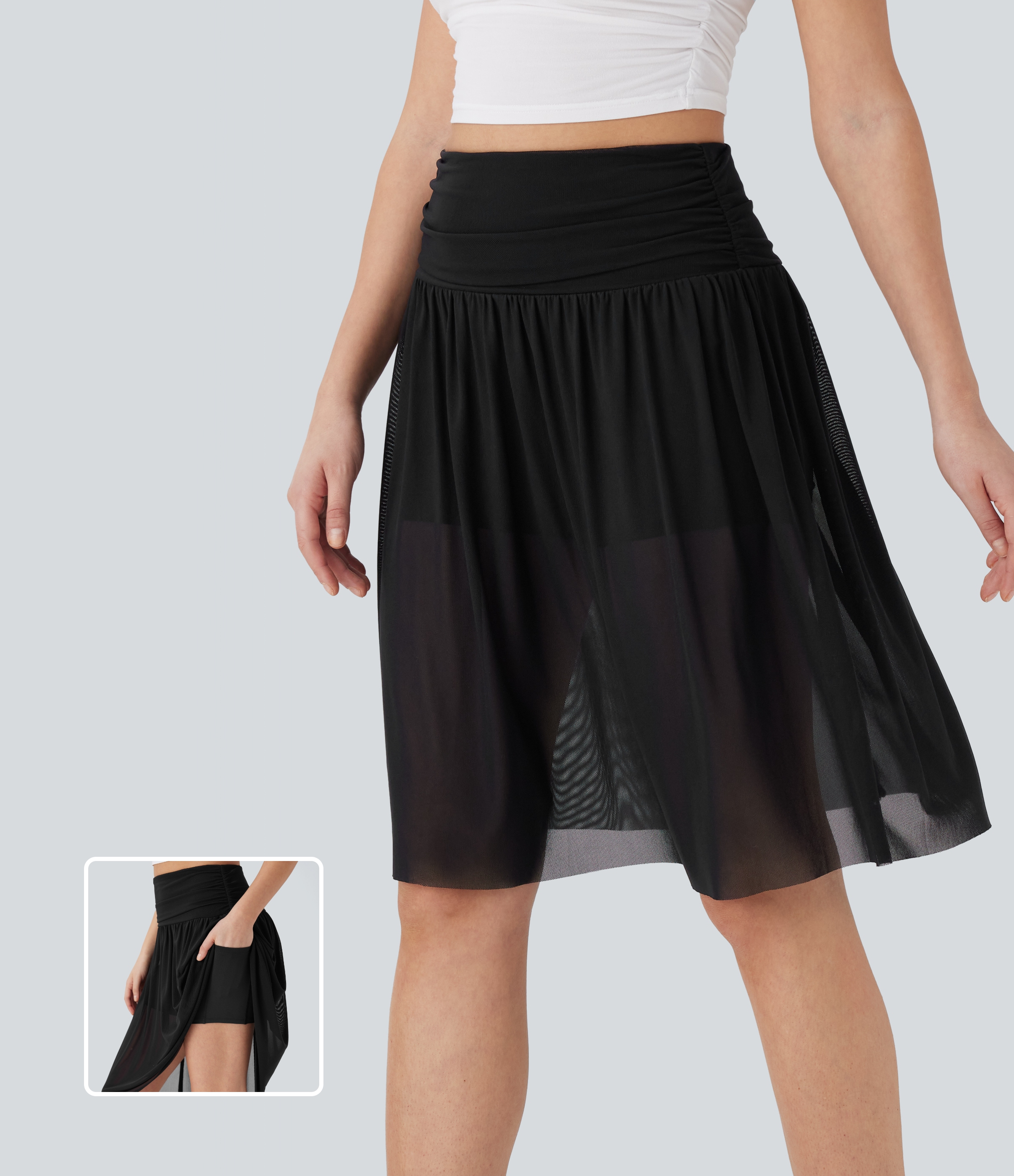High Waisted Ruched 2-in-1 Contrast Mesh Flowy Midi Casual Skirt with Pockets
