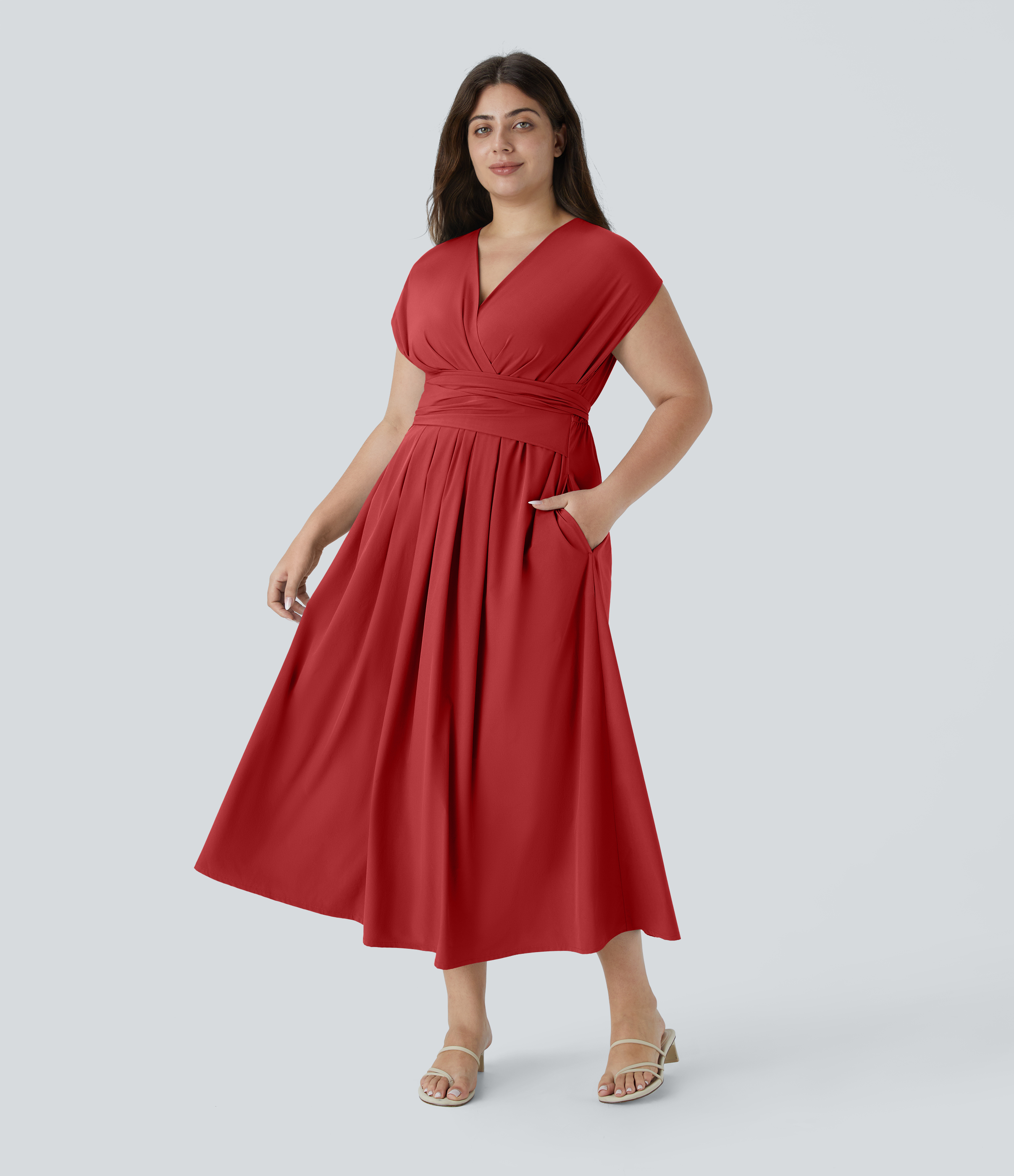 Breezeful™ Robe Midi Casual Grande Taille à Manches Courtes Col en V Poches Latérales Attache au Dos et Séchage Rapide