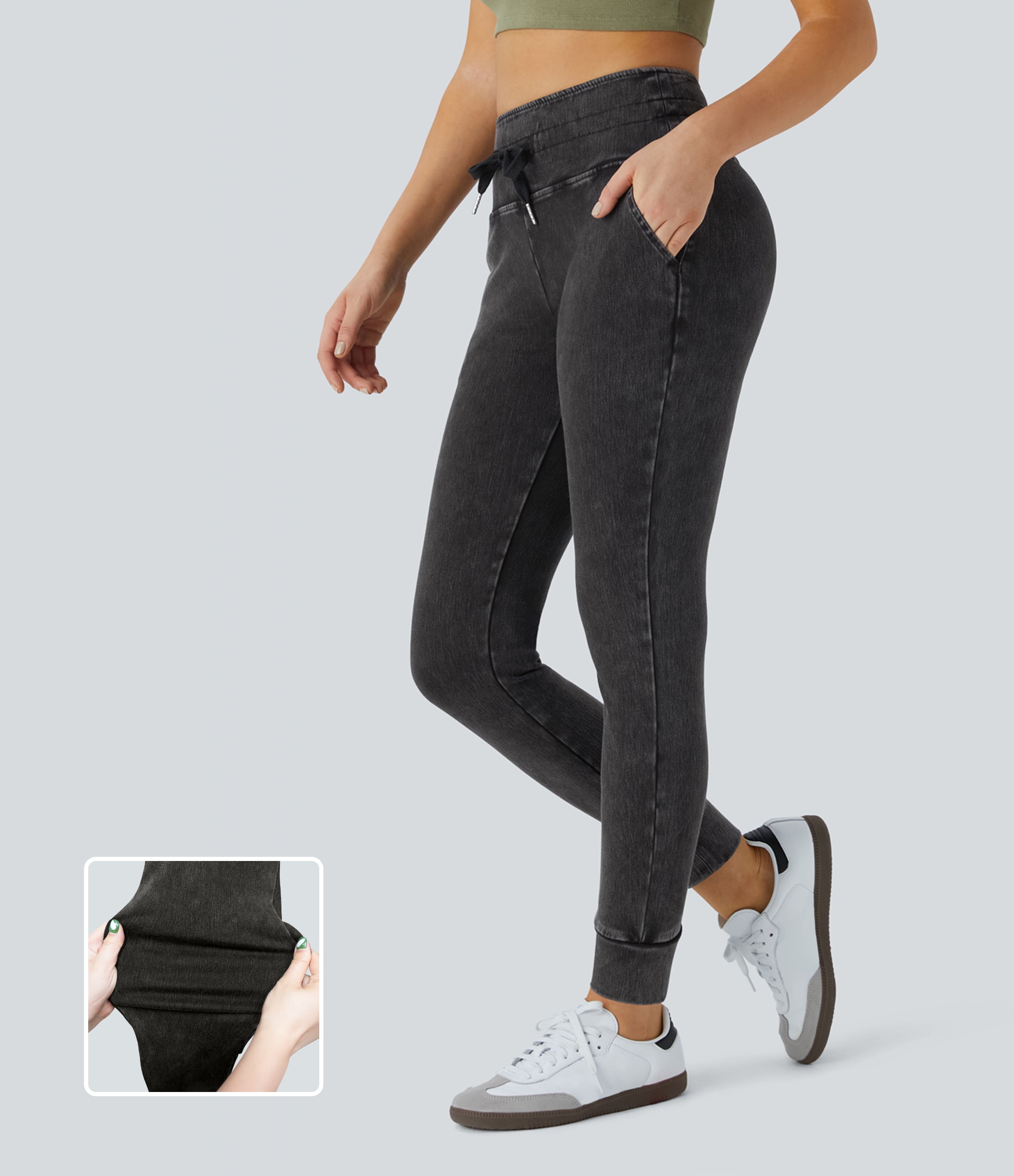 Halara Flex™ High-Waist Drawstring Side Pocket Washed Stretch Knit Casual Jeans