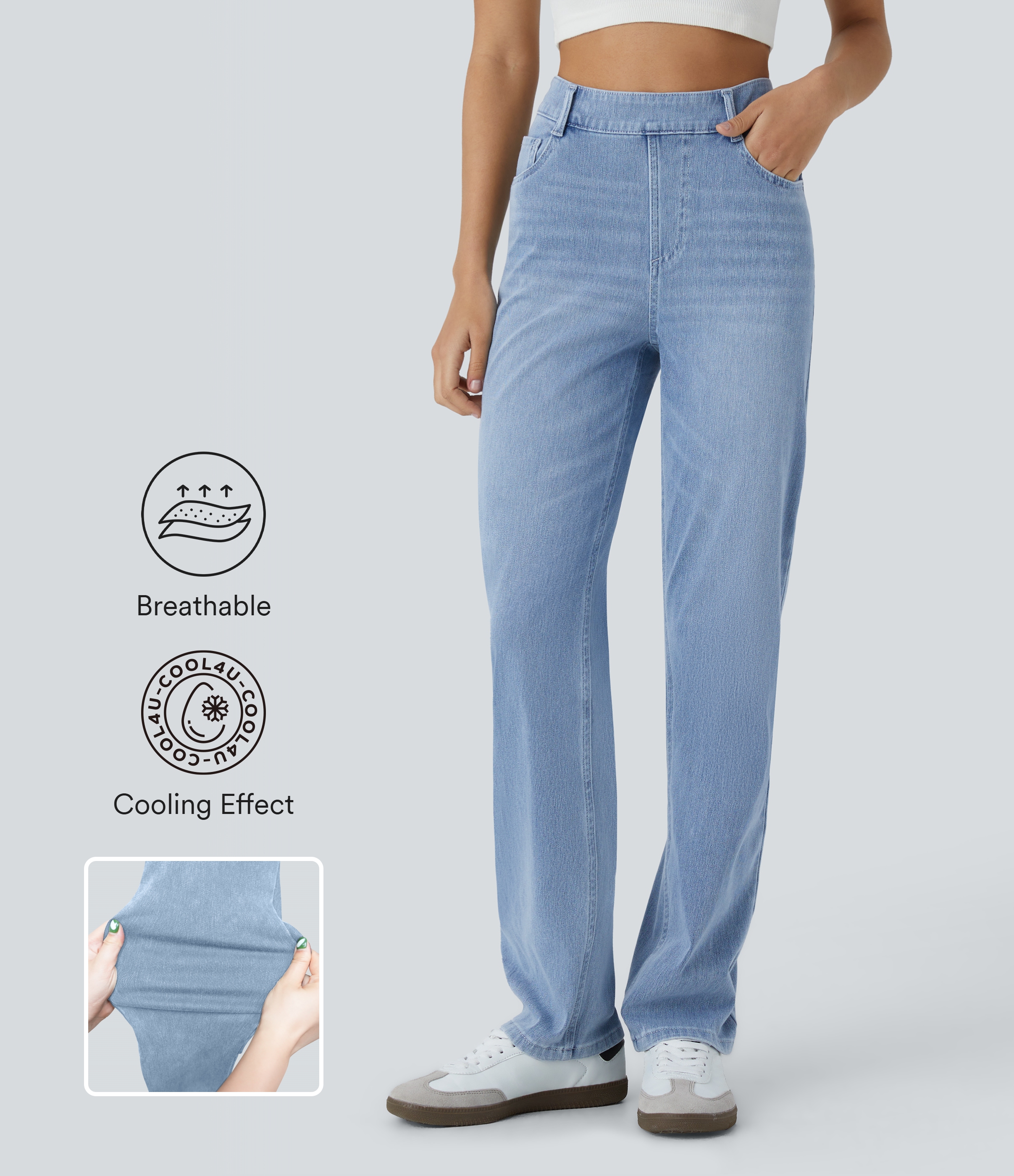 Halara Flex™ ハイウエスト マルチポケット ストレートレッグ クールタッチ ウォッシュド ストレッチニット カジュアルジーンズ