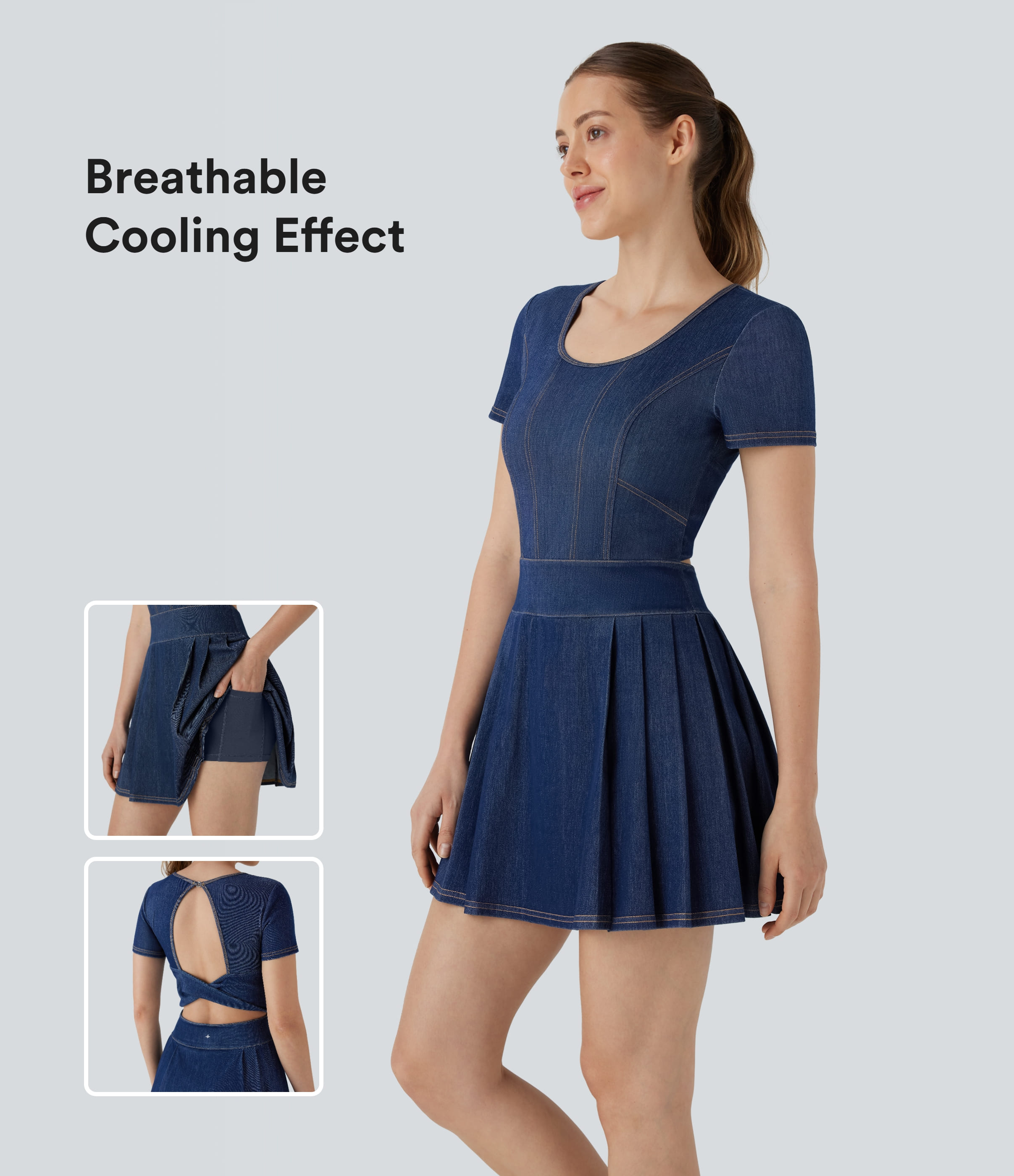 Halara – Halara Flex™ Rückenfreies, gedrehtes, plissiertes 2-in-1-Tennis-Active-Kleid aus gewaschenem, dehnbarem Strick-Denim mit Taschen – Tide Blue Denim – XL