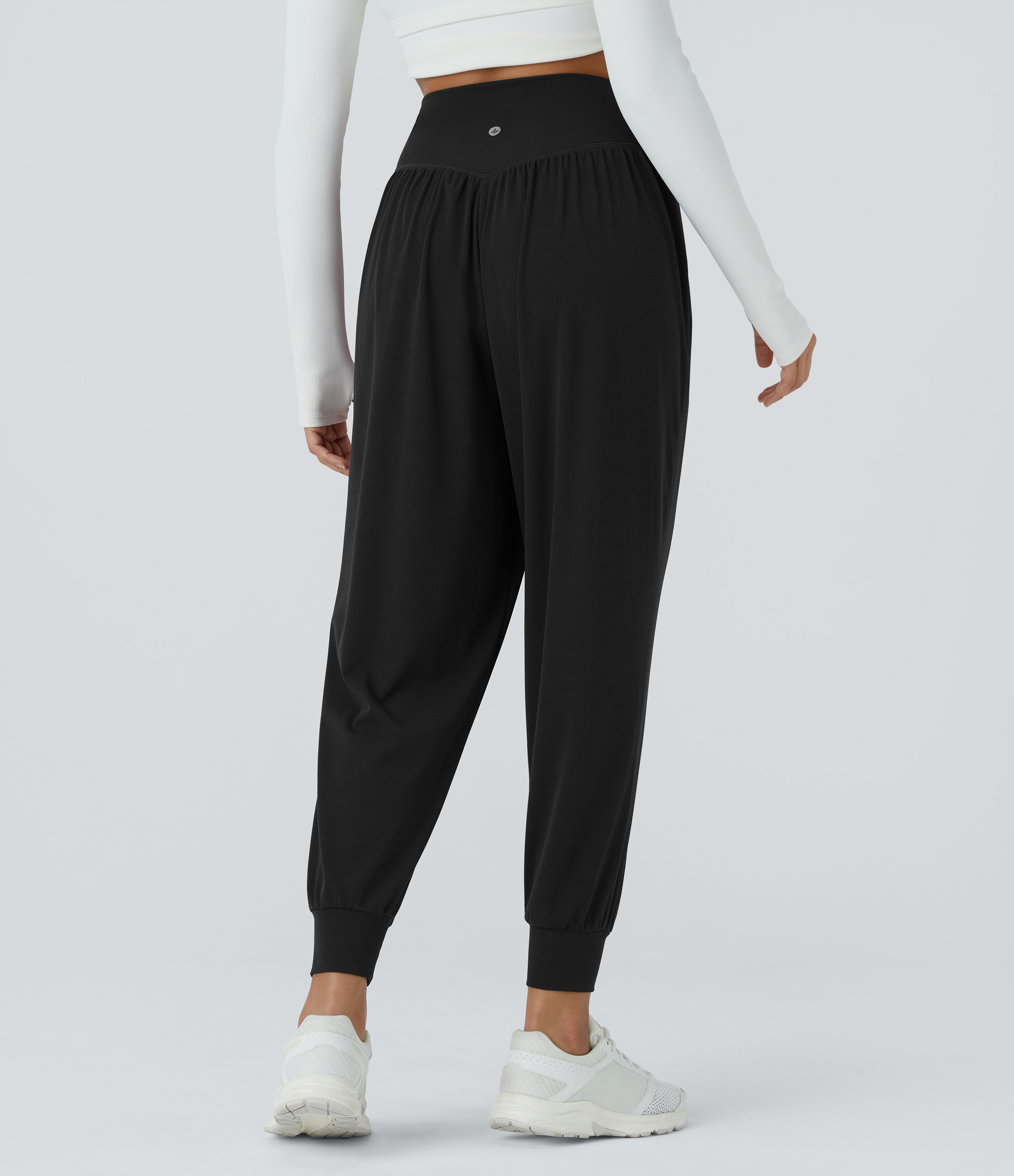 Black High Waisted Crossover Pocket Waffle Yoga Joggers / 2