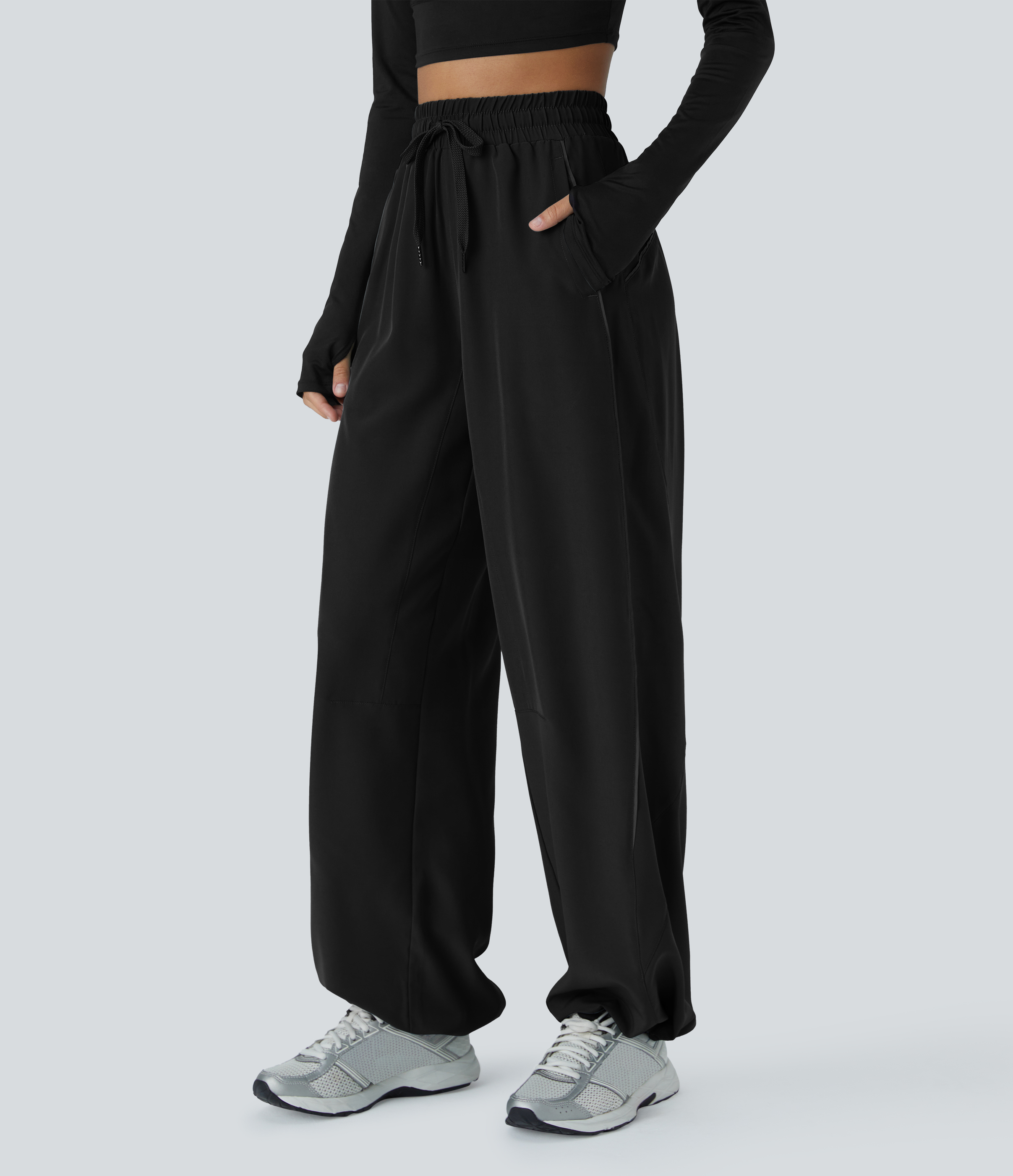 Women's High Waisted Drawstring Pocket Adjustable Hem