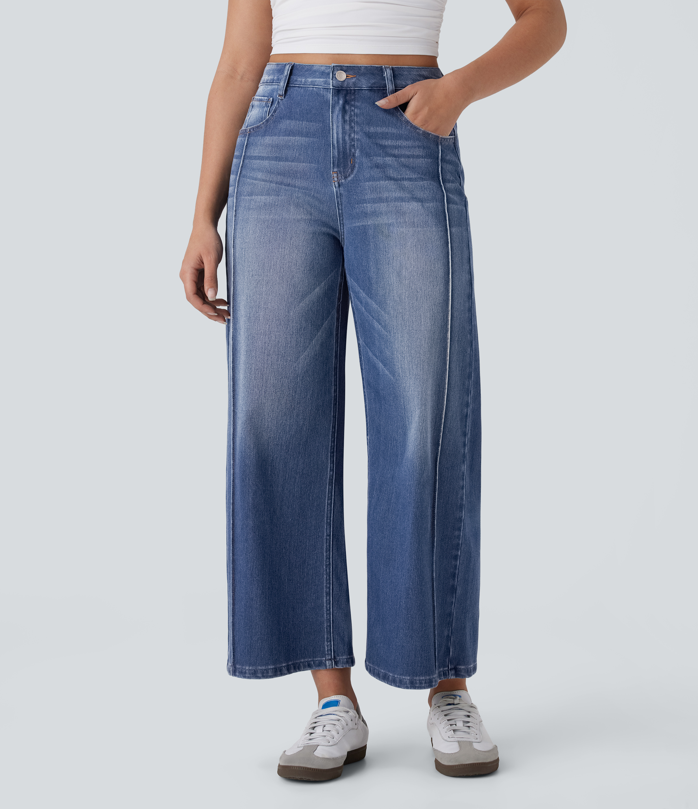 Jean Barrel Large Ample Délavé Taille Haute avec Poches Multiples Halara Flex™