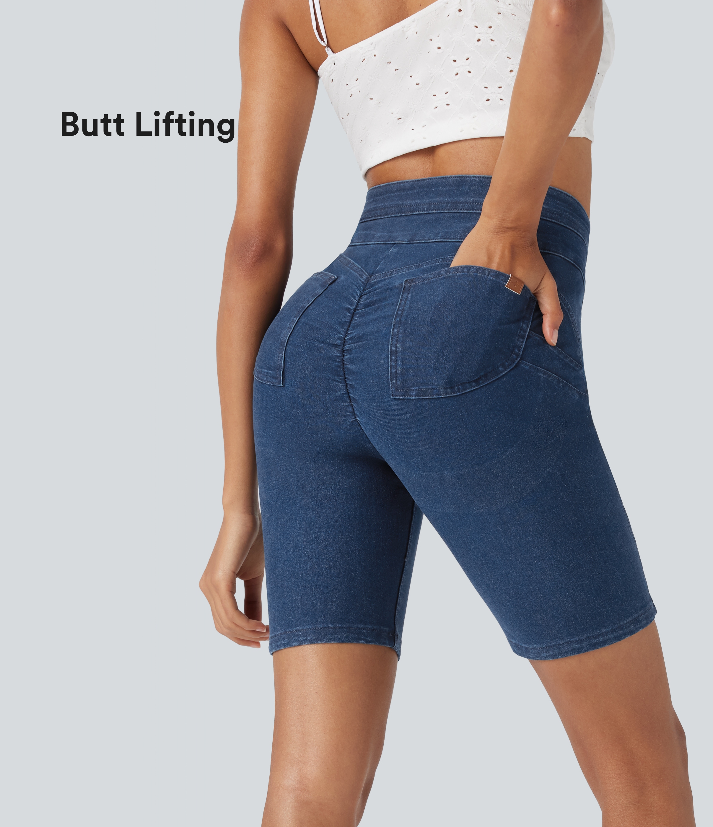 Shorts biker Halara Flex™ Denim mezclilla elástica tiro alto push-up bolsillo