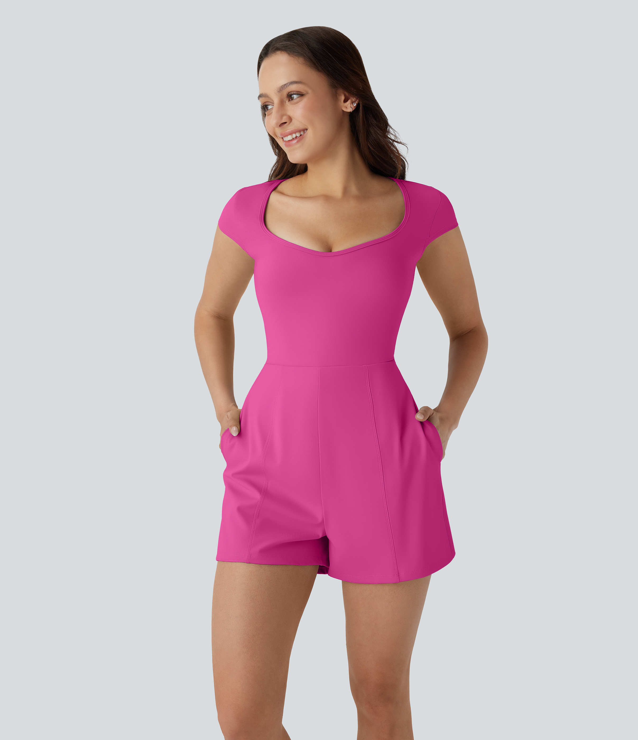 SoftlyZero™ Airy U Neck Cap Sleeve Pocket Cool Touch Yoga Romper-Easy Peezy