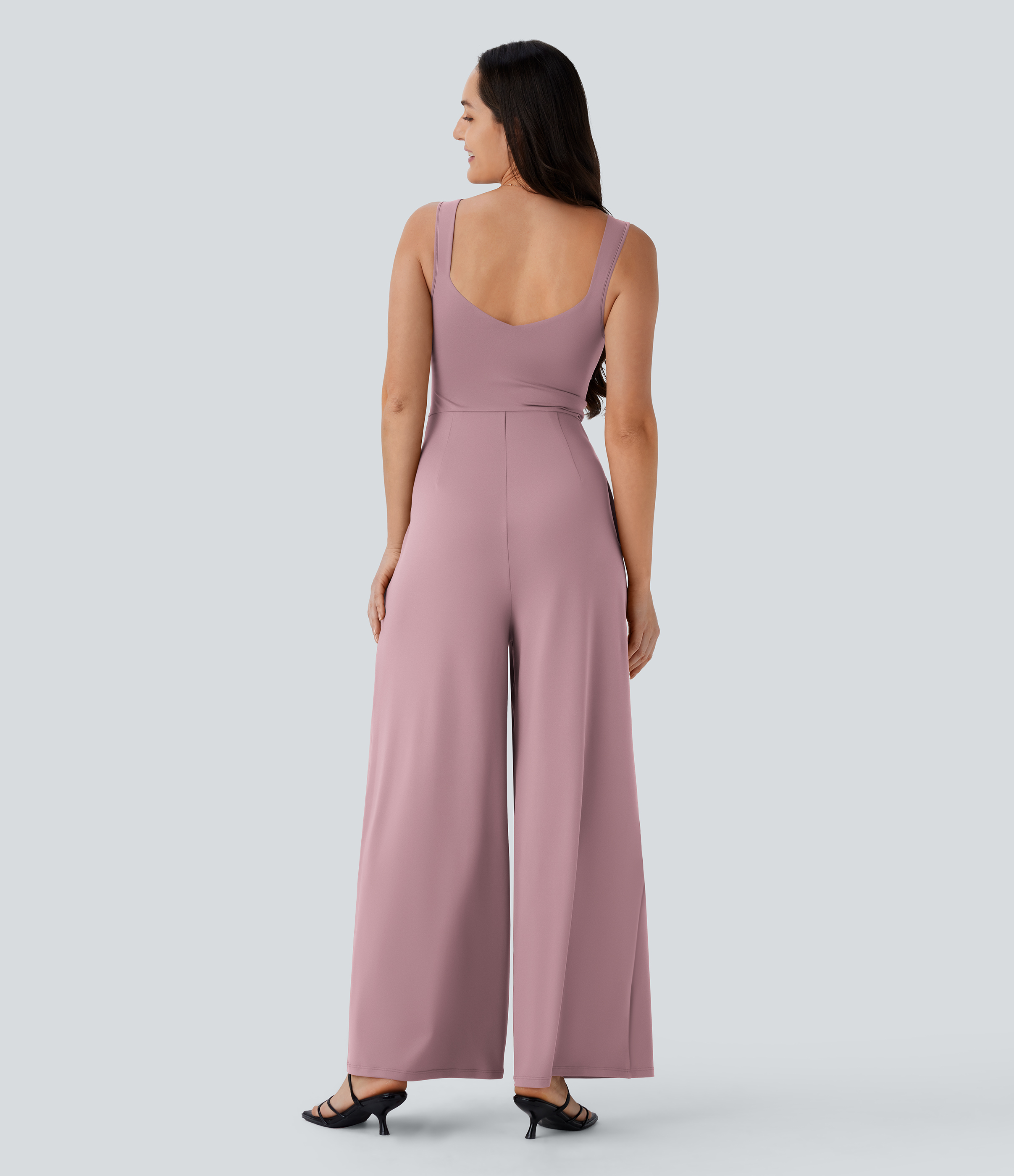 Deep Lotus Pink U Back Sleeveless Casual Jumpsuit with Pockets / 2