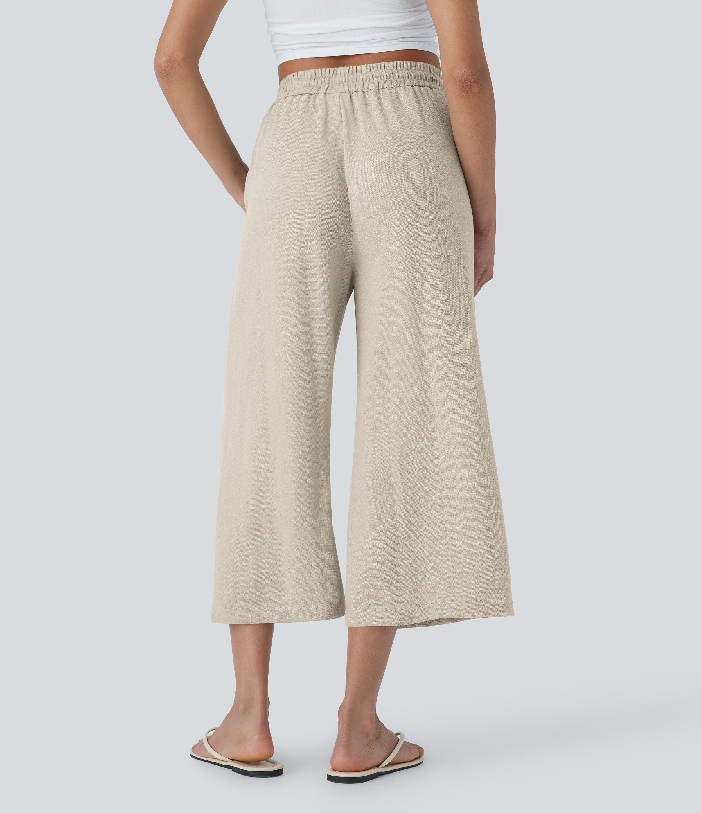 Whisper White High Waisted Drawstring Wide Leg Cropped Casual Linen-Feel Pants with Pockets / 2
