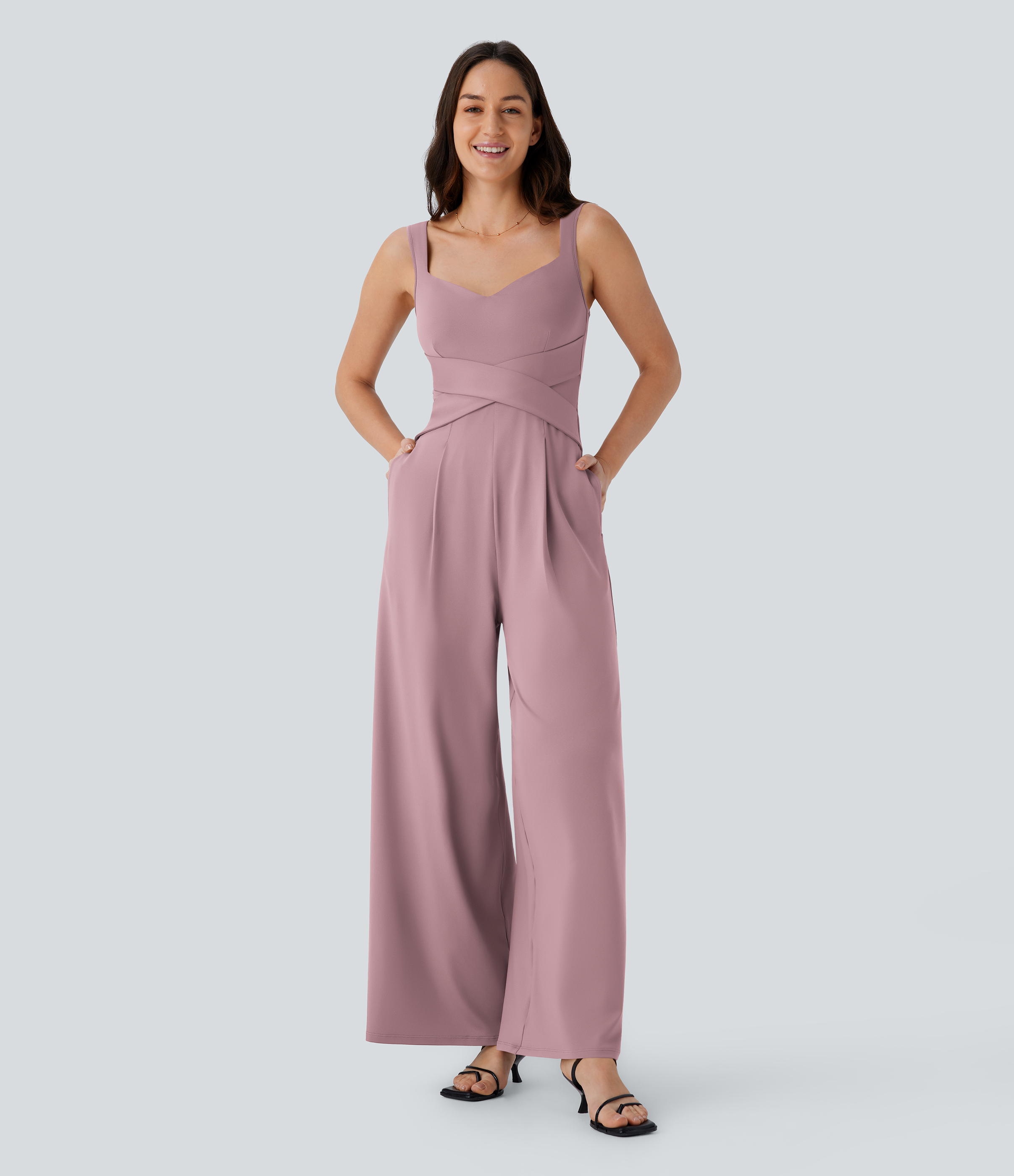U Back Sleeveless Casual Work Jumpsuit with Pockets