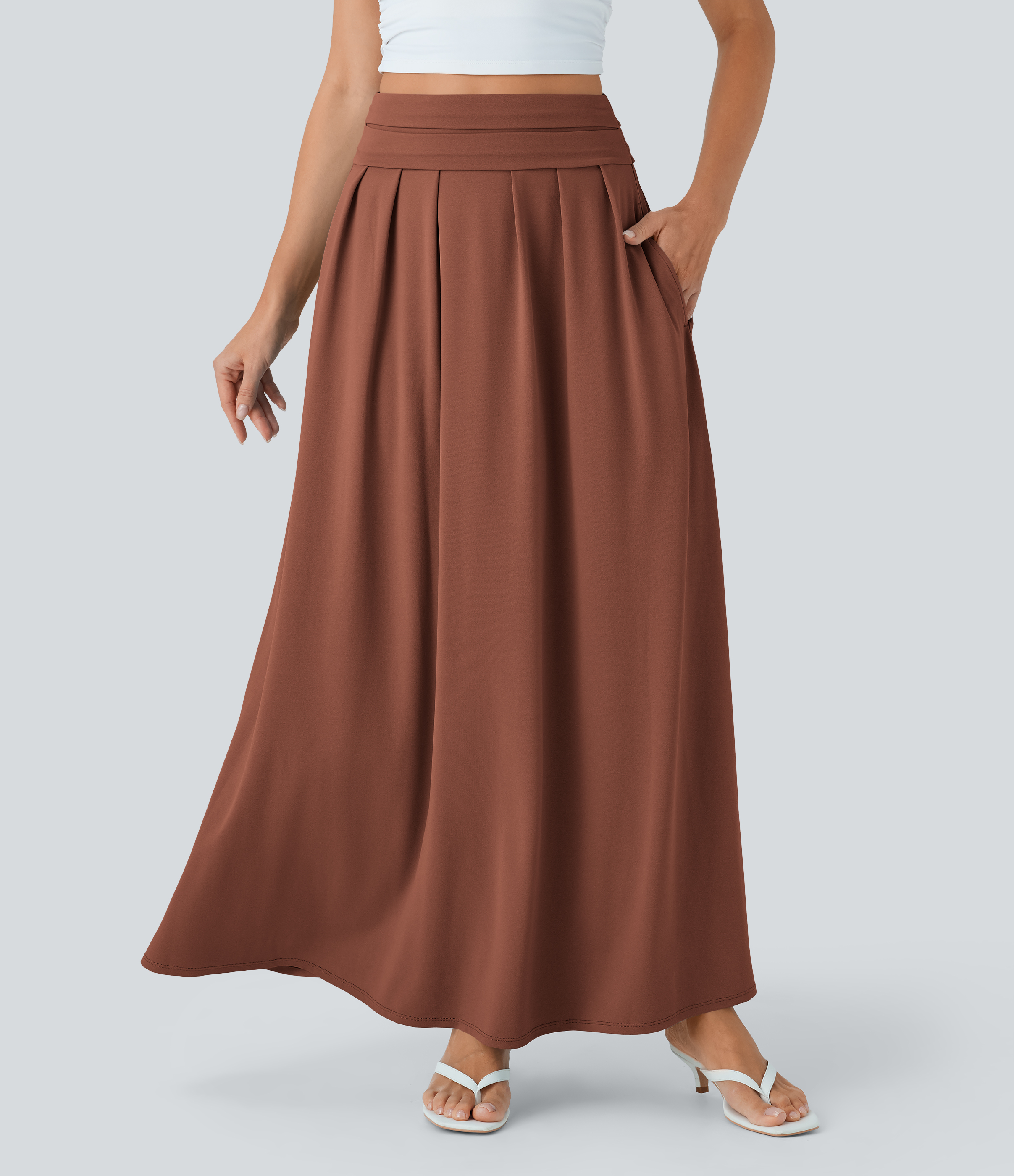 High Waisted Tummy Control Flare Maxi Casual Skirt with Pockets