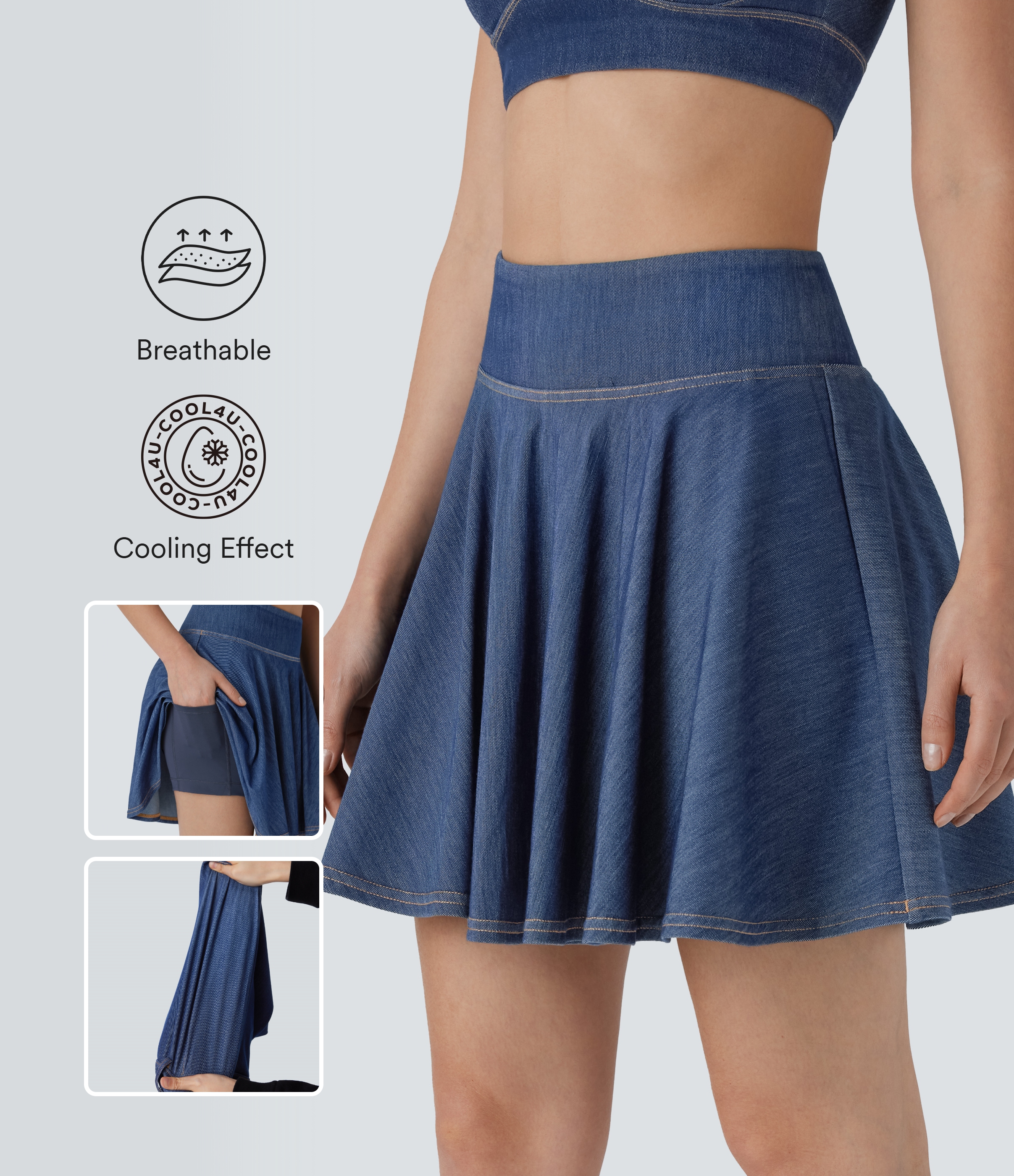 Mini falda Halara Flex™ Denim mezclilla tenis elástica lavada tacto fresco 2 en 1 tiro alto bolsillo