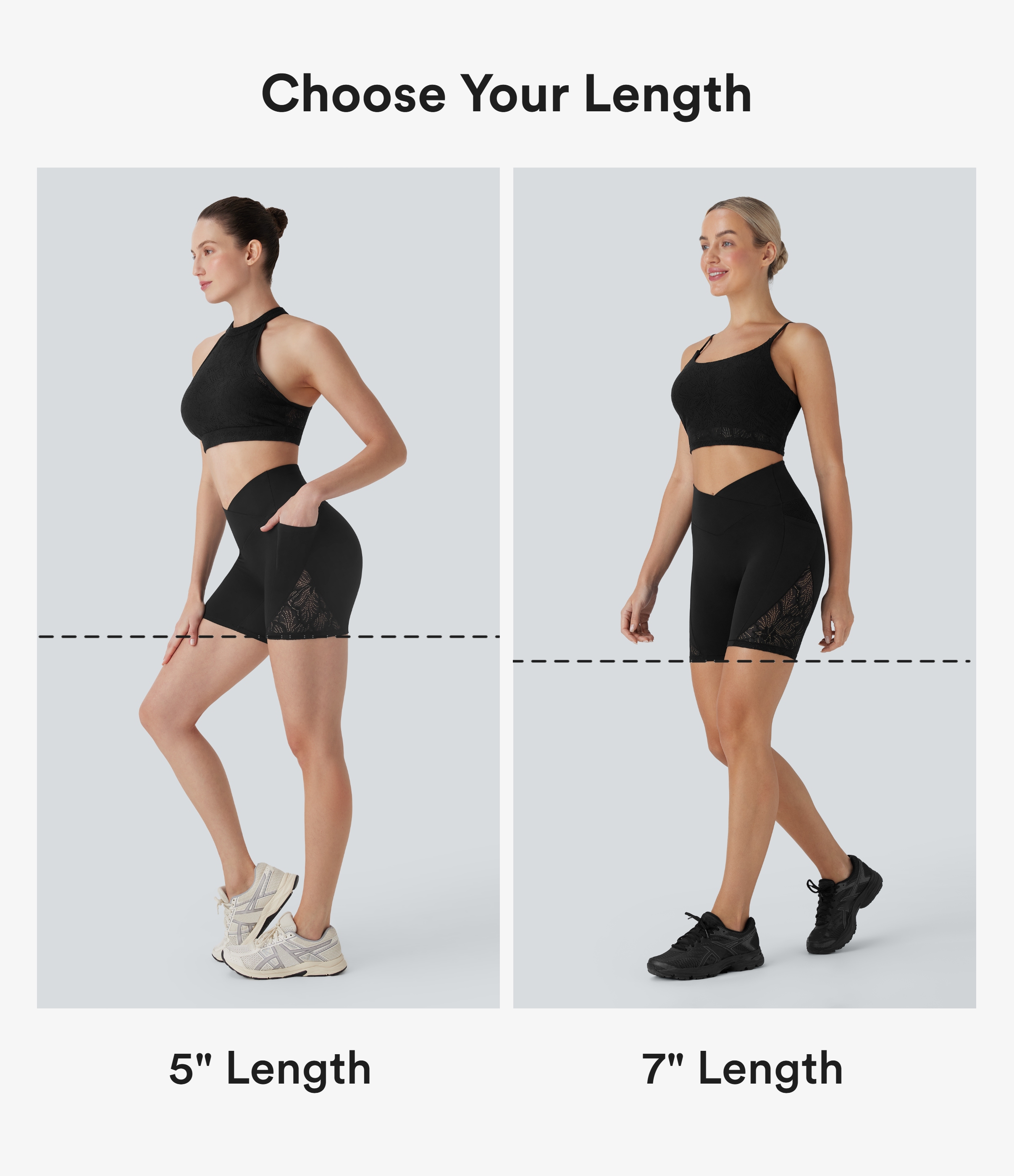 Noir Softlyzero™ short cycliste de yoga taille haute à effet croisé, dentelle contrastante, 7'' avec poches / 2