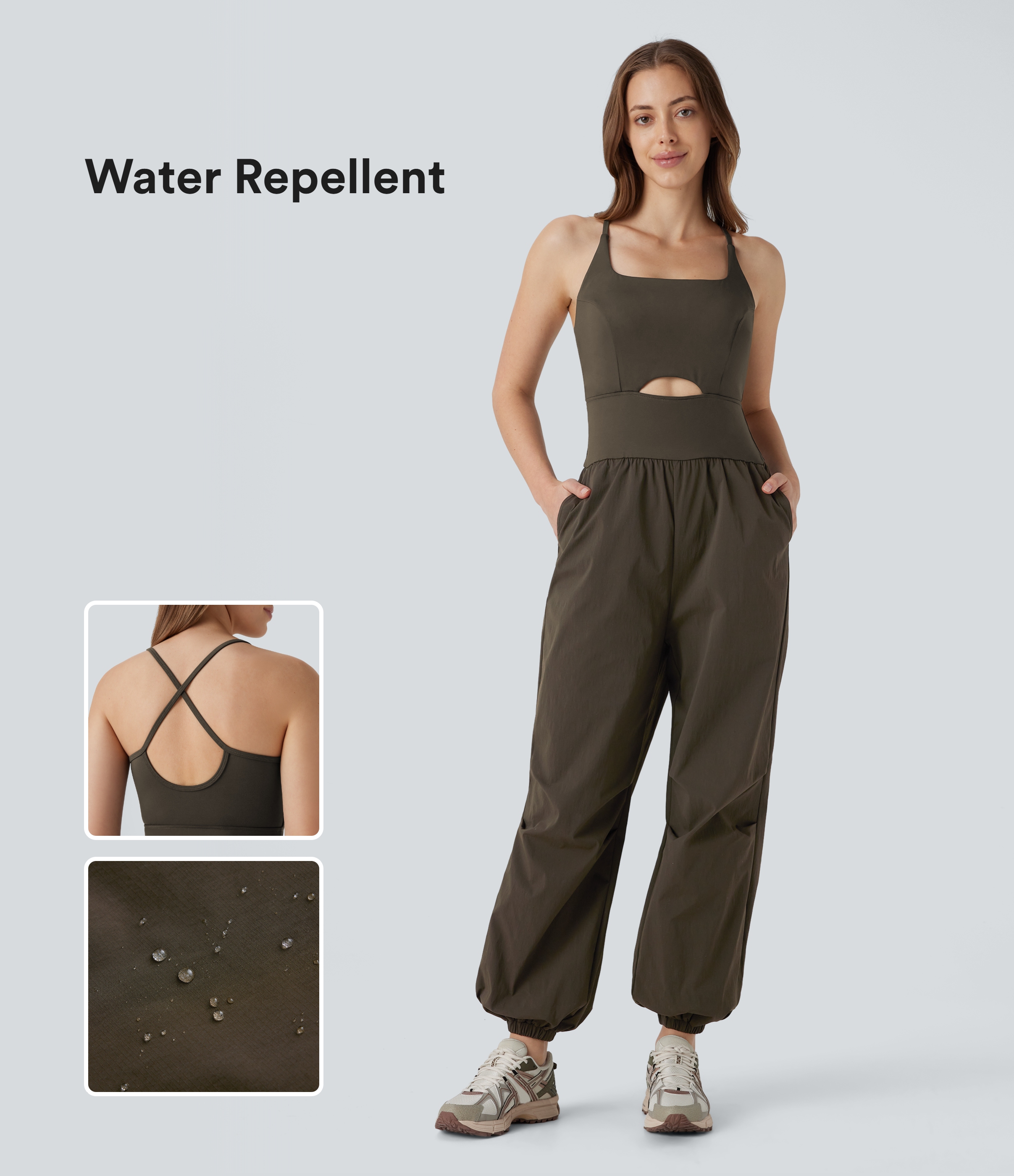 Mono cargo de senderismo impermeable con tejido resistente antidesgarro con espalda abierta cruzada y bolsillos laterales