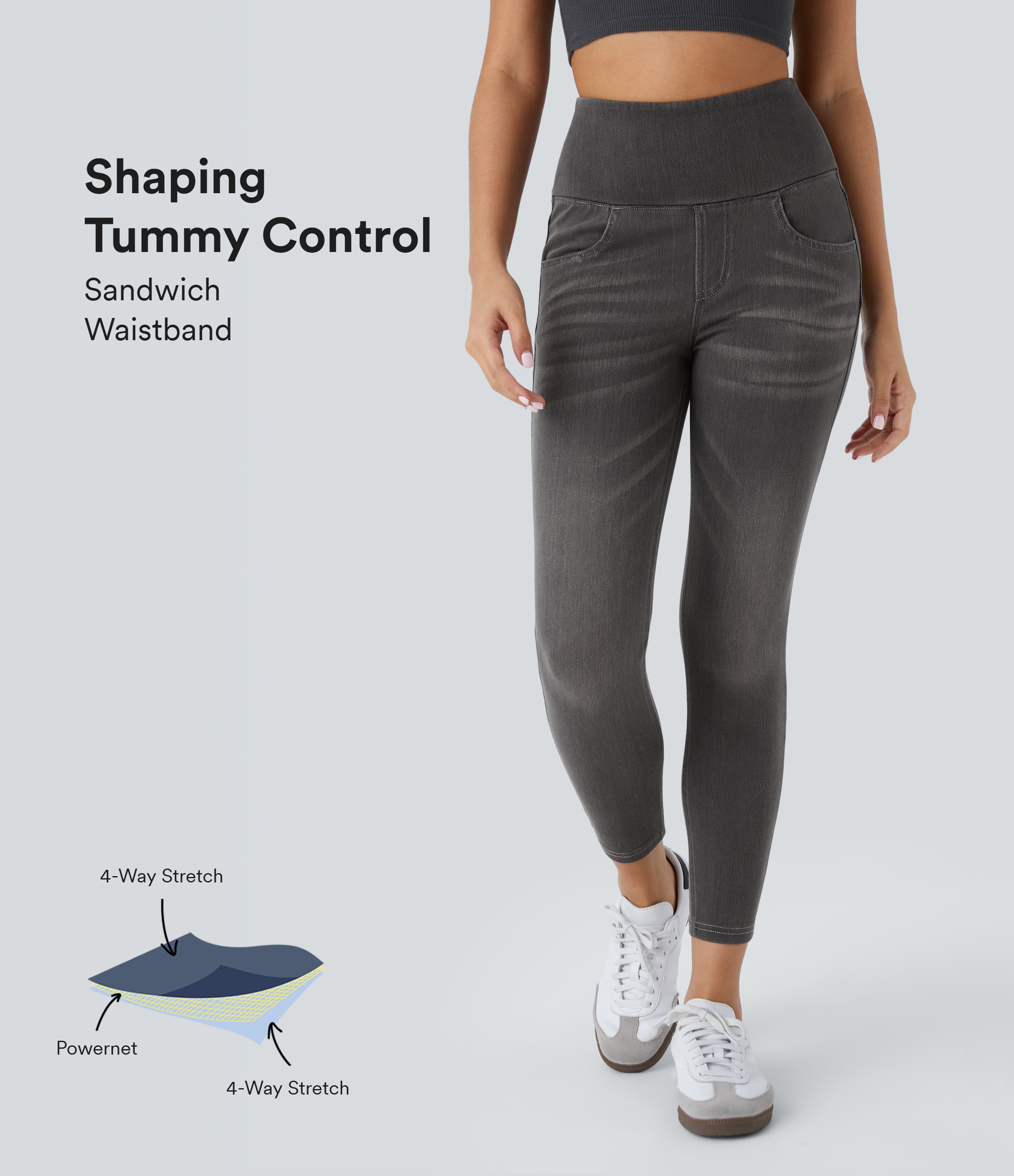 Leggings casuales de mezclilla elástica de tiro alto con varios bolsillos