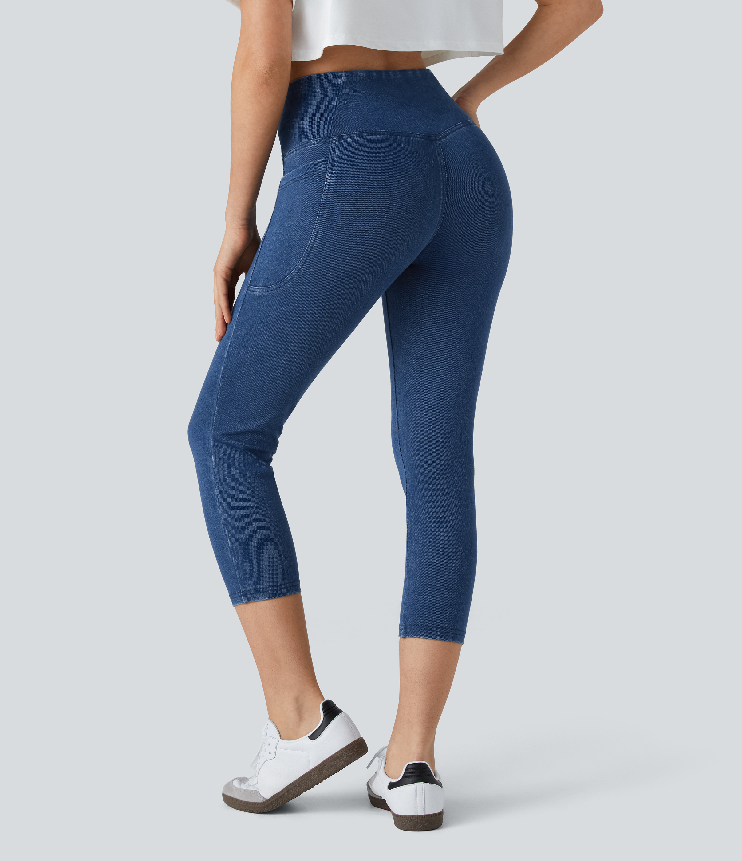 Washed Denim Bleached Blue Leggings Halara Flex™ Denim capri mezclilla elástico lavado bolsillo lateral cruzado / 2