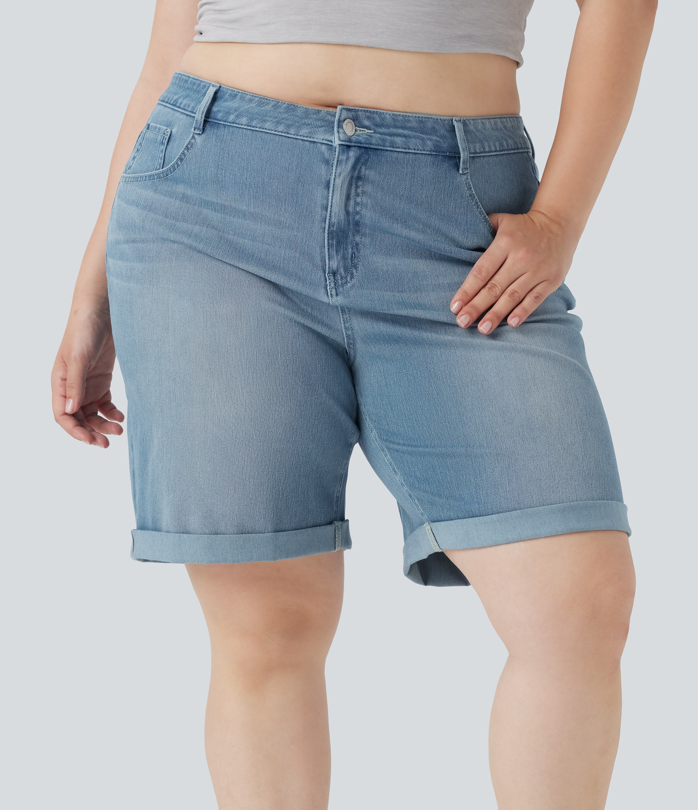 Halara Flex™ High Waisted Multiple Pockets Rolled Hem Washed Stretchy Knit Denim Casual Plus Size Bermuda Shorts