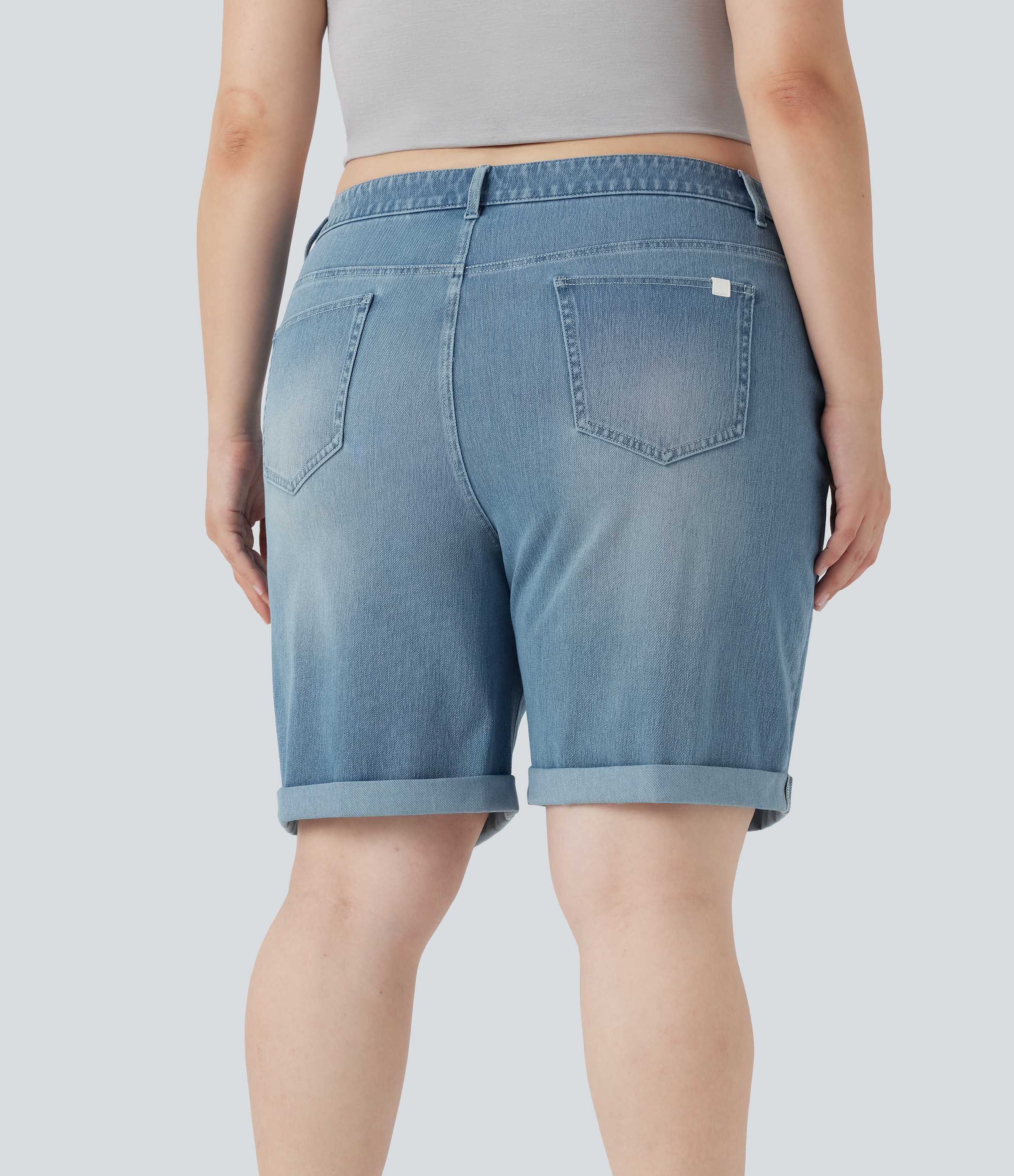 Blue Spruce Denim Halara Flex™ бермуди с висока талия, с множество джобове, с подвит подгъв, измит еластичен трикотажен деним, ежедневни, за големи размери / 2