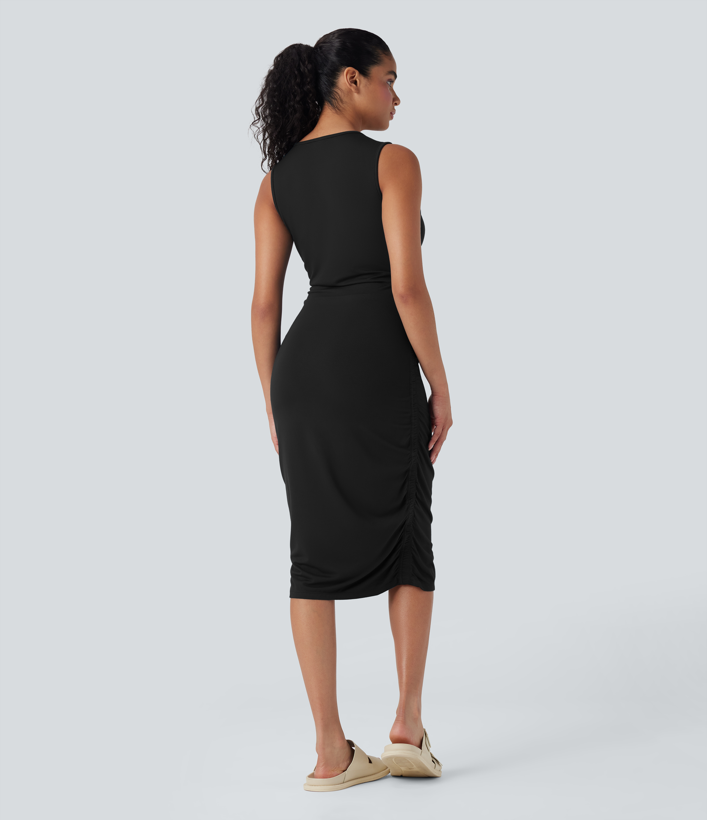 Black Round Neck Sleeveless Ruched Casual Bodycon Dress / 2