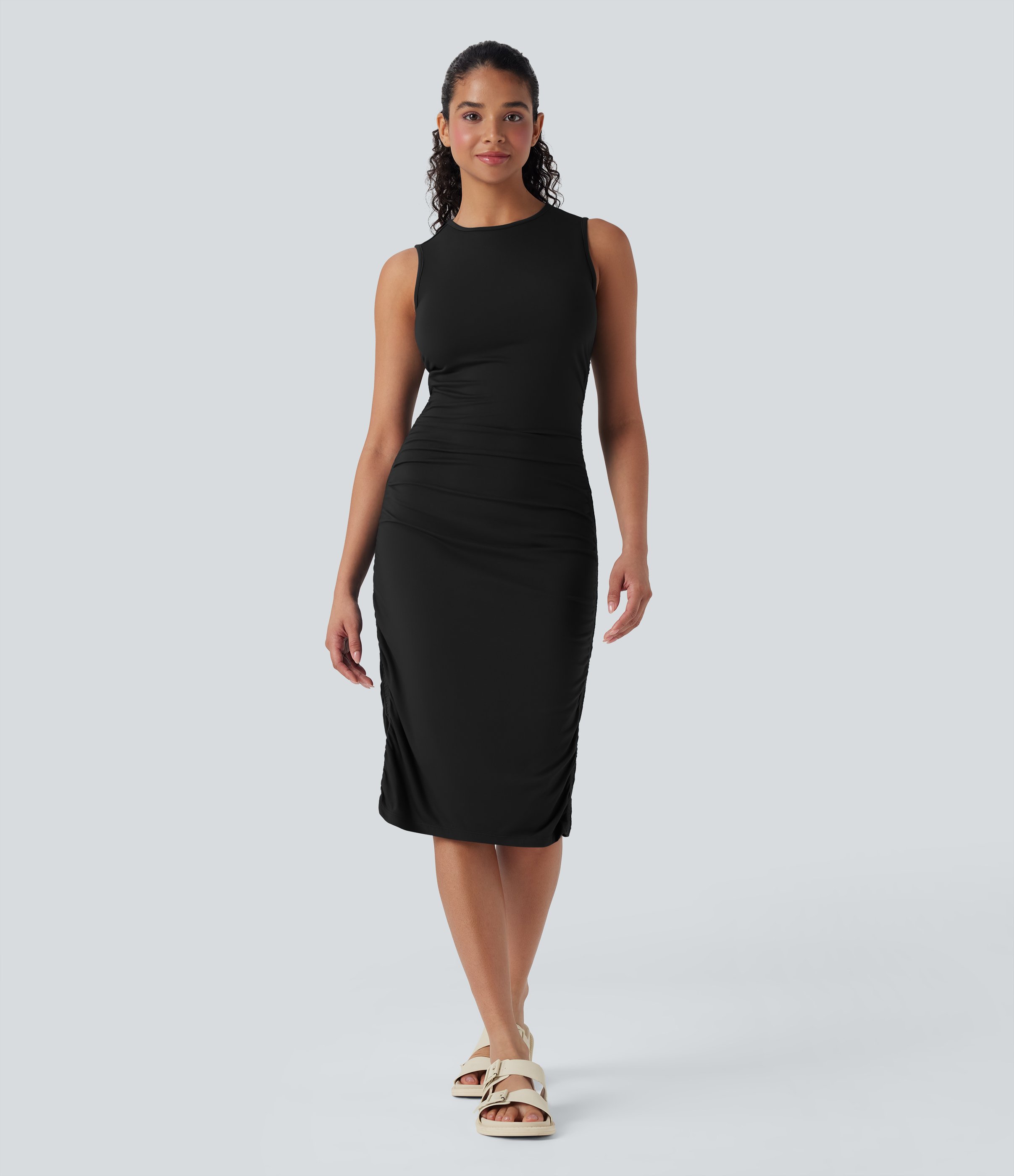 Black Round Neck Sleeveless Ruched Casual Bodycon Dress / 1