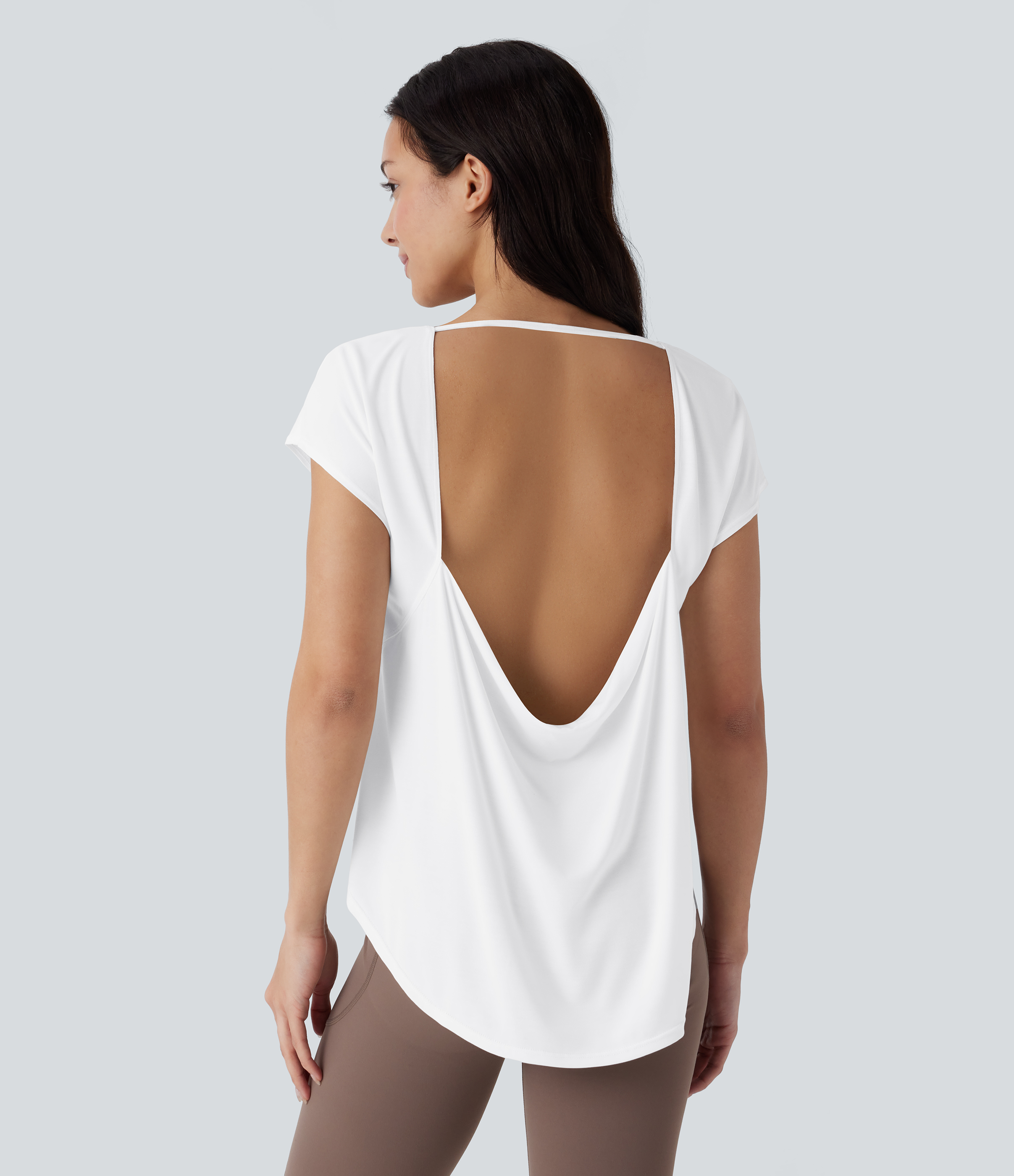White Cowl Back Short Sleeve Curved Hem Yoga Sports Top / 1