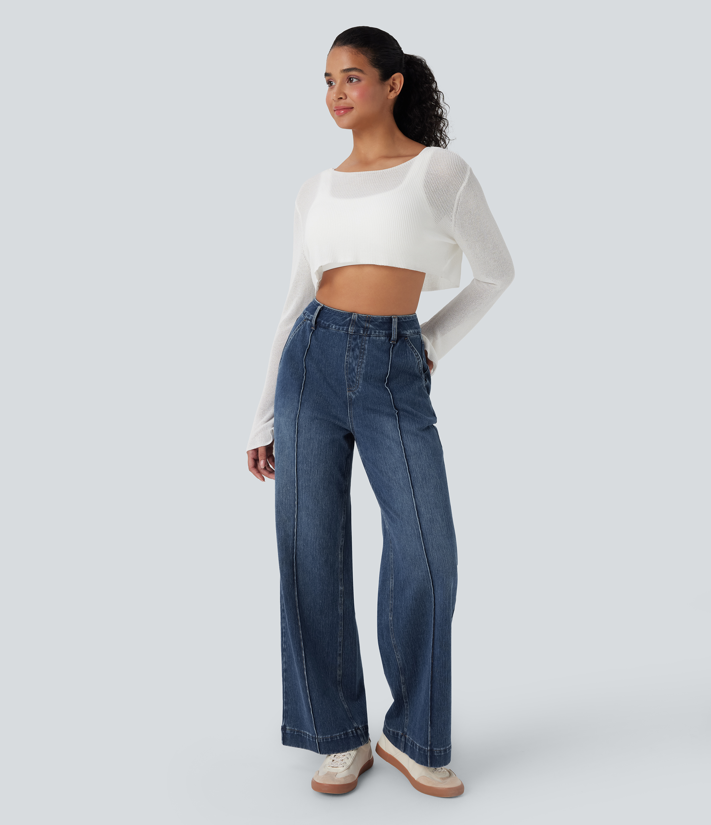 Tide Blue Denim Halara Flex™ aukšto liemens, nuplauti, laisvi džinsai plačiomis kojomis su kišenėmis / 1