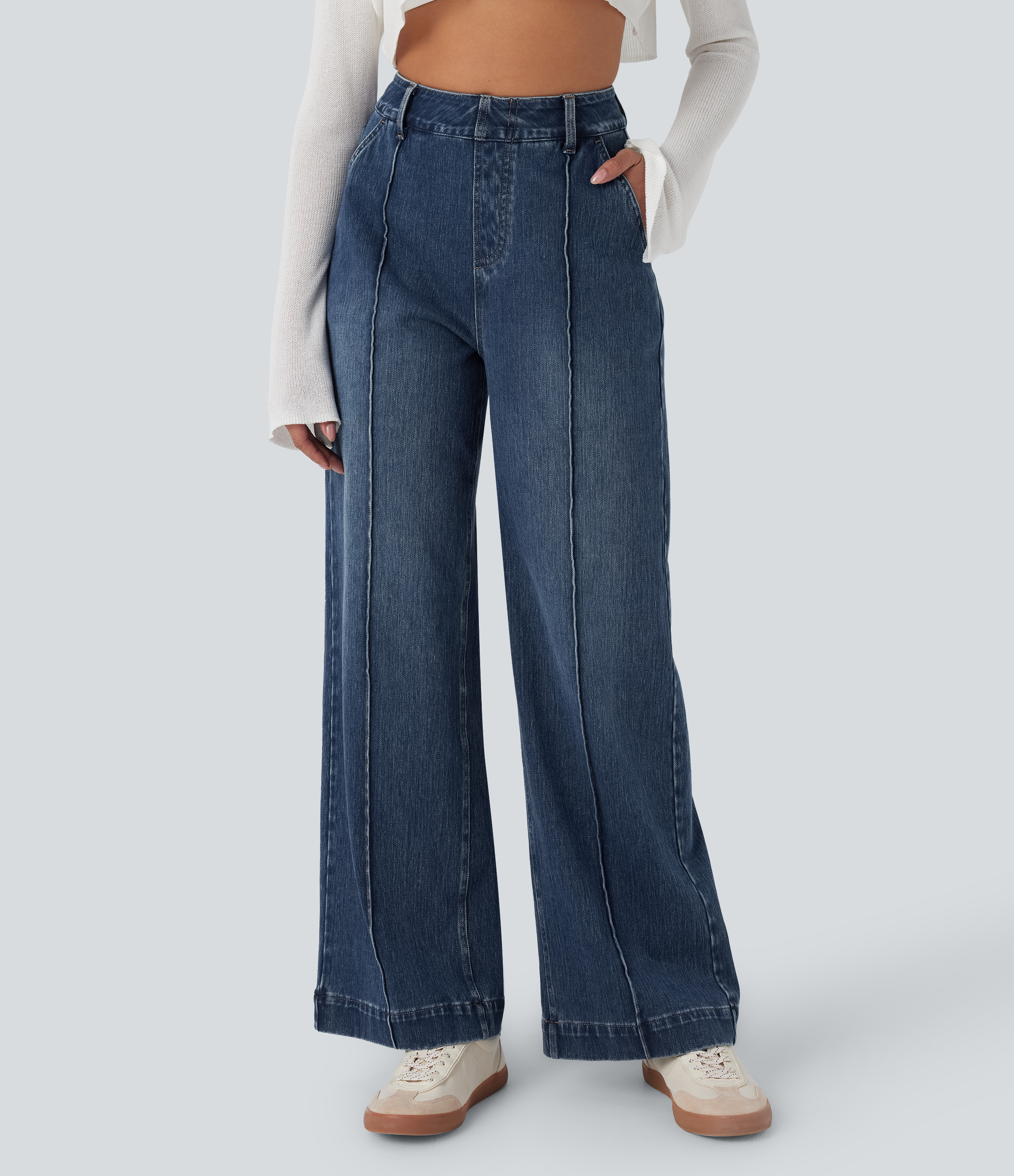 Tide Blue Denim Halara Flex™ aukšto liemens, nuplauti, laisvi džinsai plačiomis kojomis su kišenėmis / 2