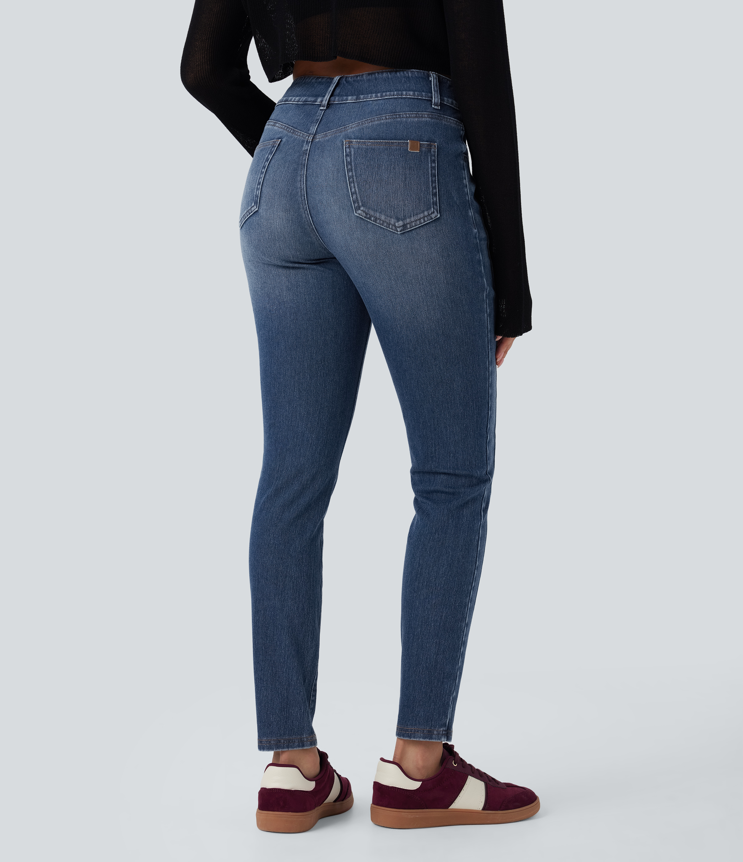 Tide Blue Denim Halara Flex™ mid-rise tvättade casual skinnyjeans med fickor / 2