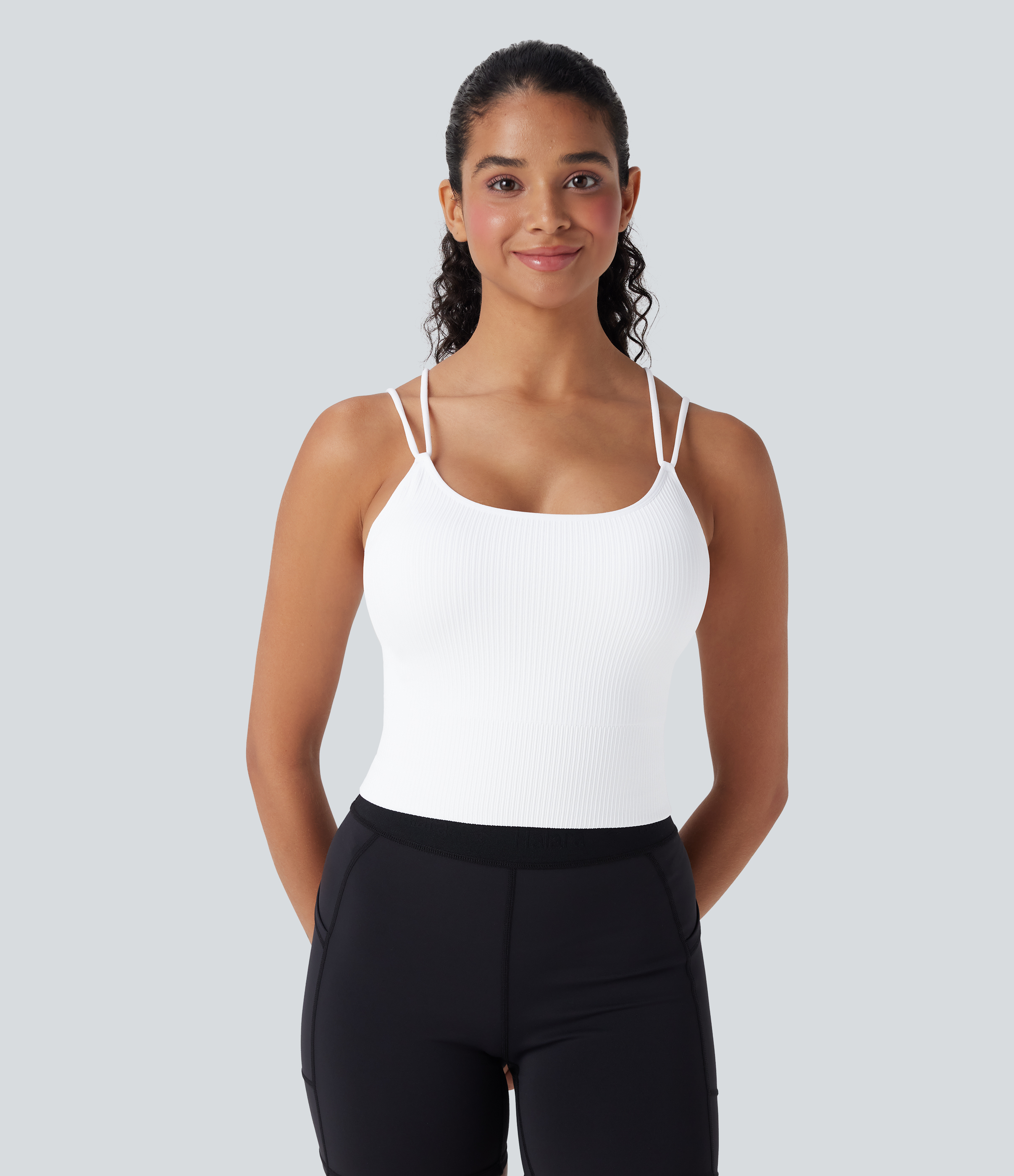 Blanco Top corto de running Seamless Flow sin costuras con tirantes dobles y espalda en V en copas D-F / 2