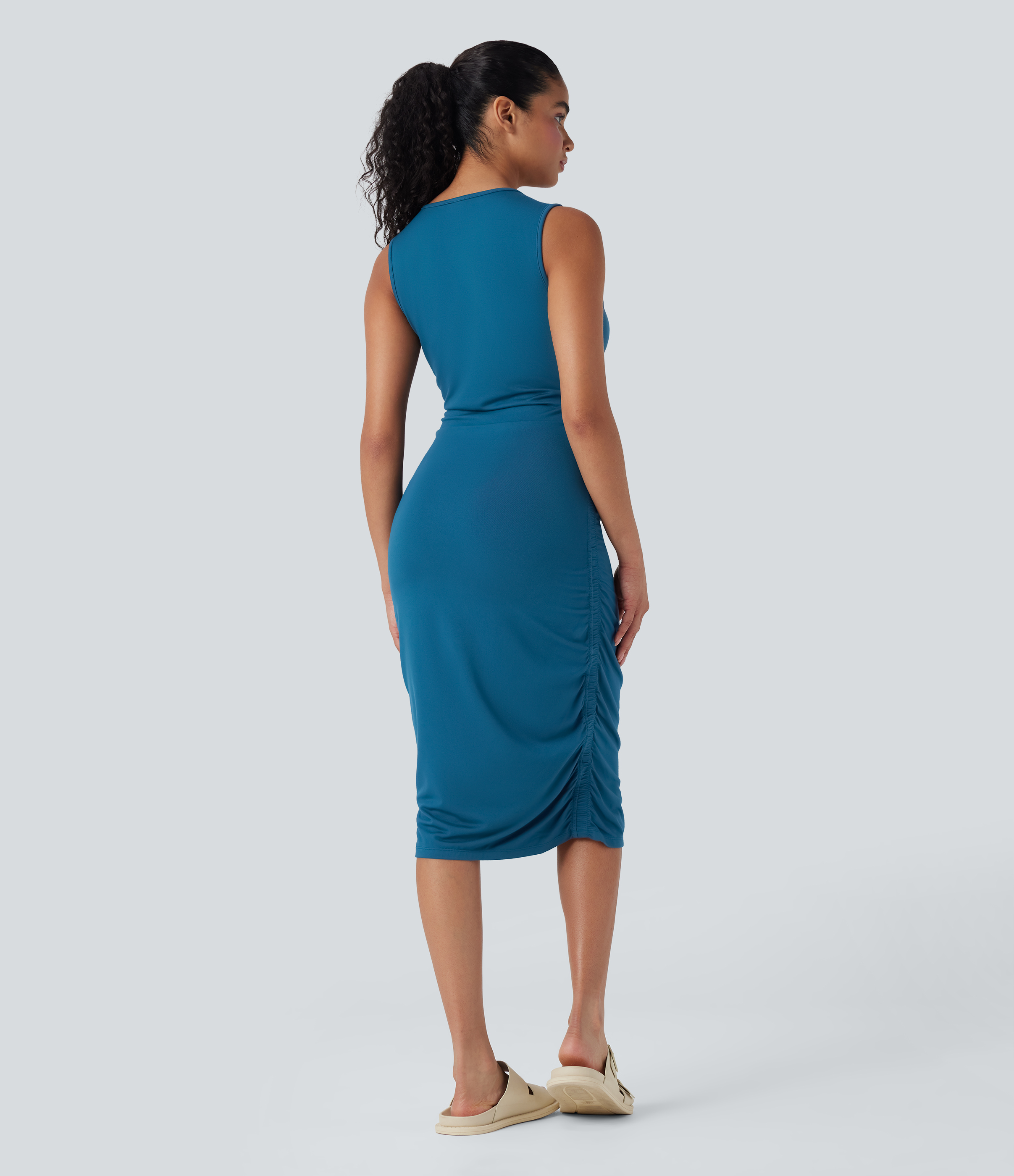 Oxford Blue Vestido ajustado casual fruncido sin mangas con cuello redondo / 2