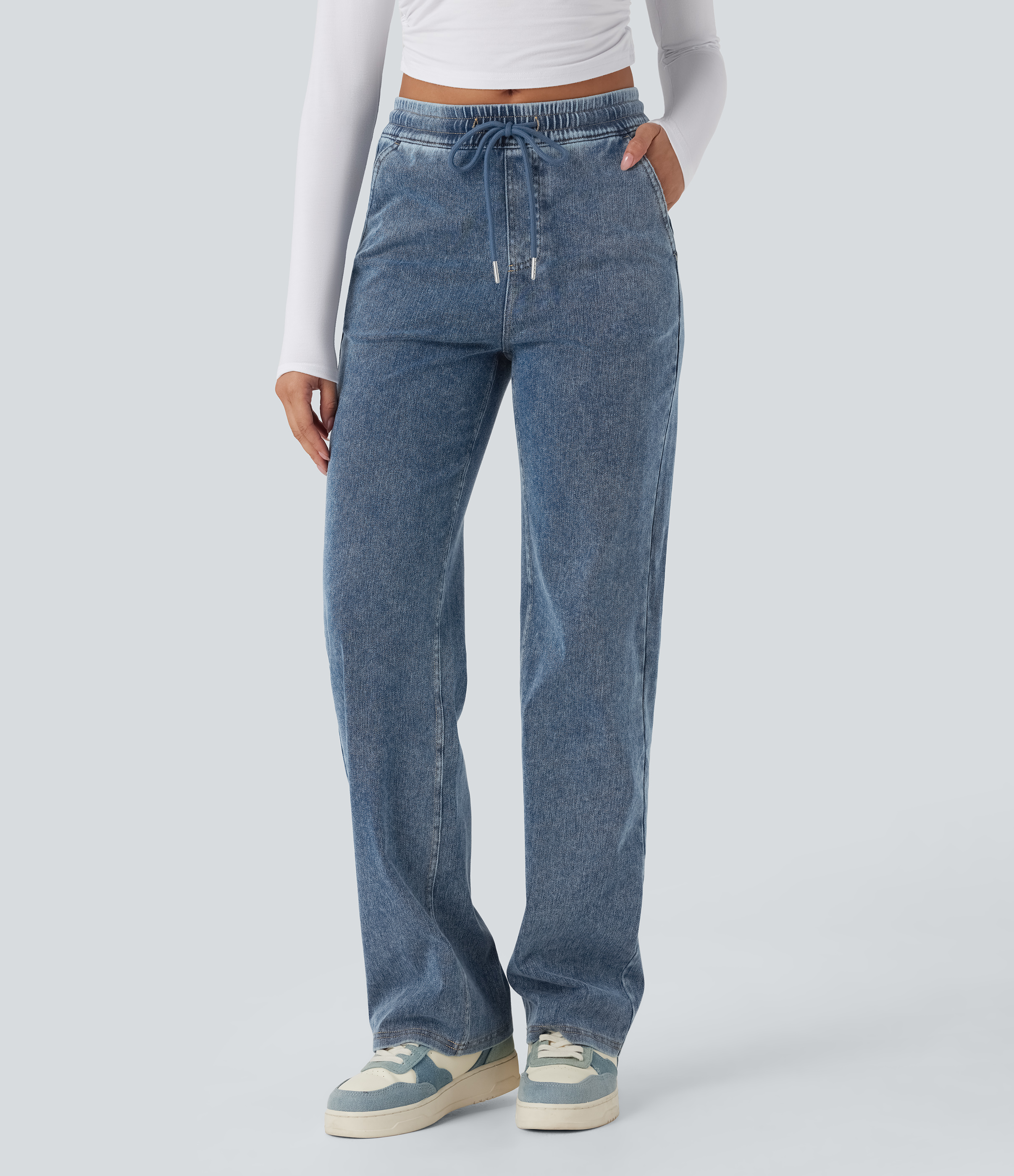 Jeans casuales Halara Flex™ rectos de tiro medio con cordón y bolsillos