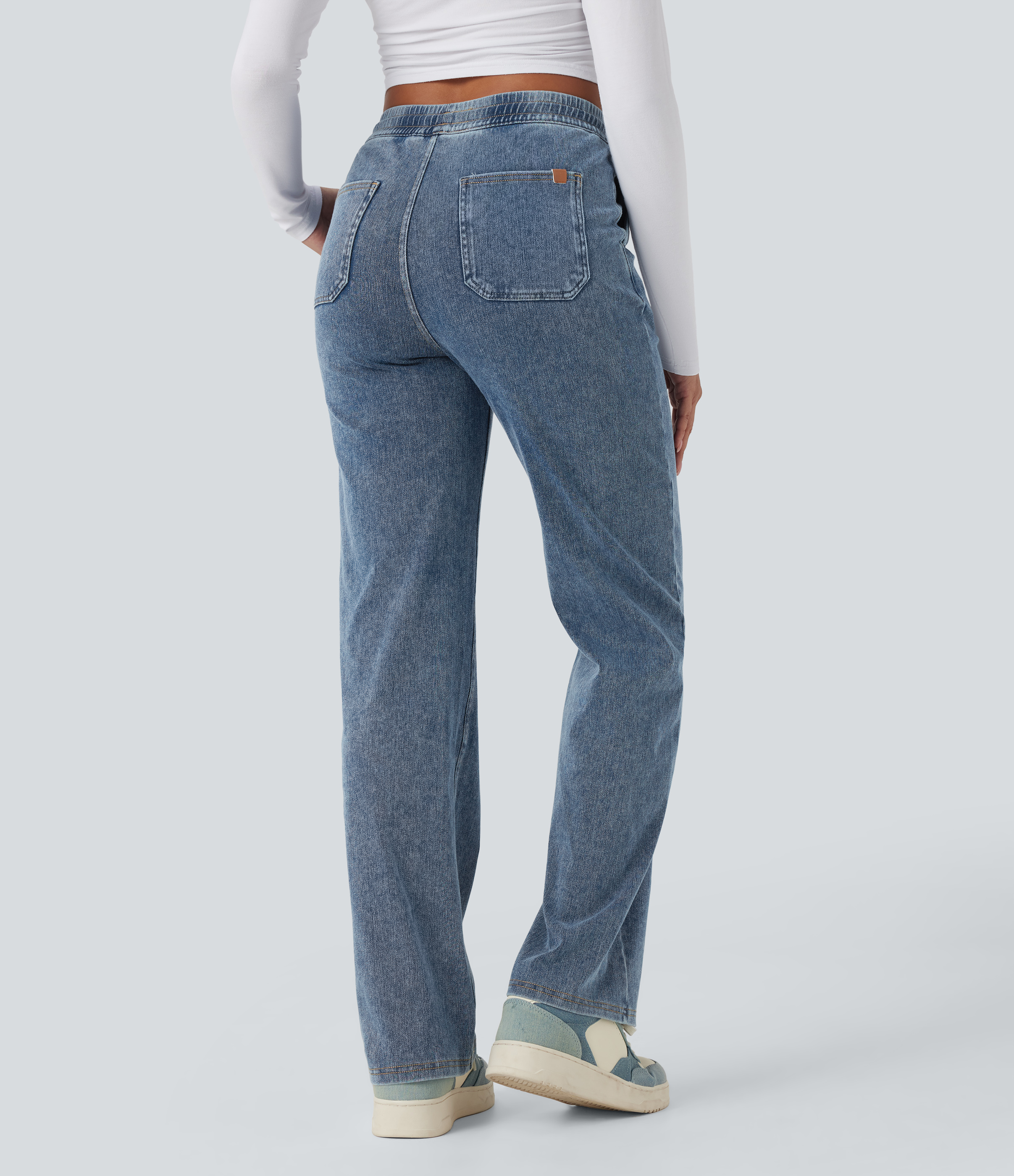 Tide Blue Denim Jeans casuales Halara Flex™ rectos de tiro medio con cordón y bolsillos / 2