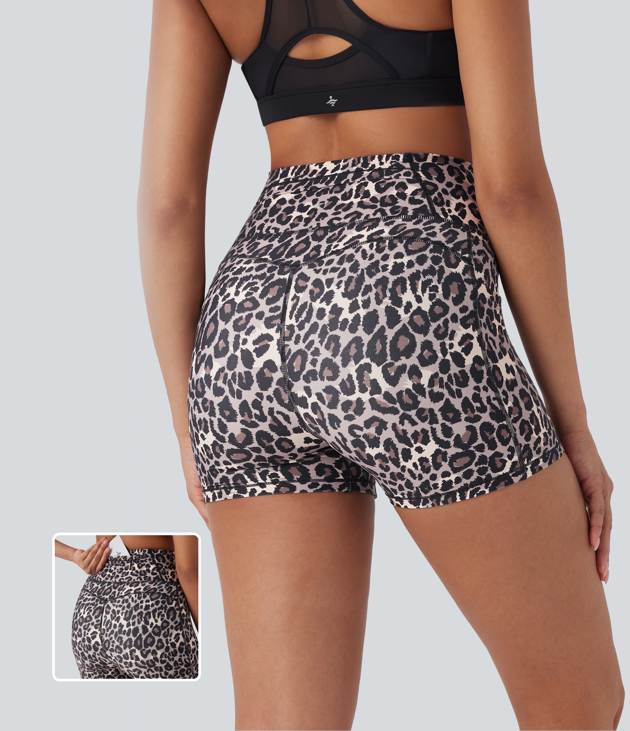 Shorts de yoga biker de 7.5 cm con estampado de leopardo y tiro alto con bolsillos