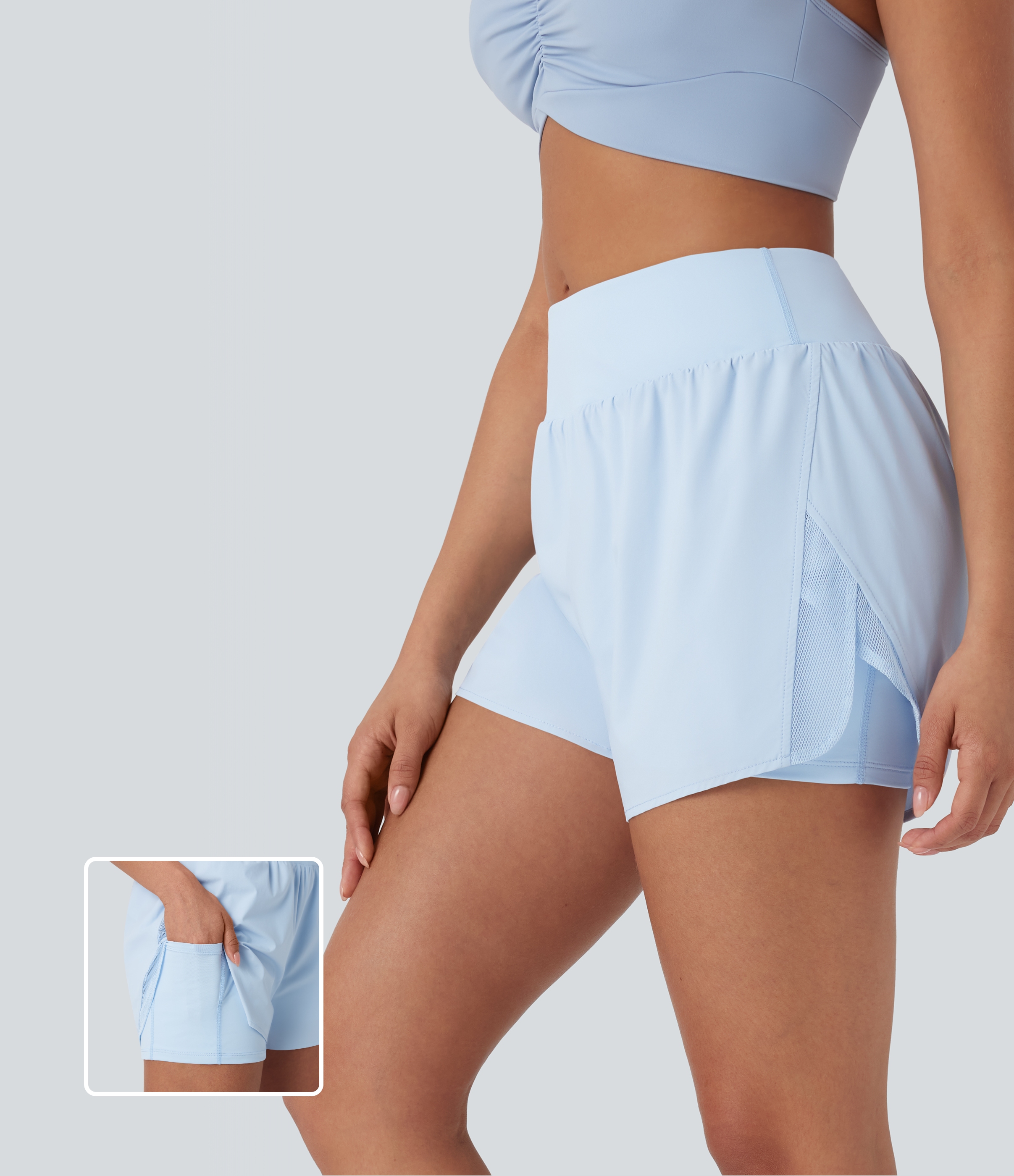 Shorts de yoga 2 en 1 de tiro medio con malla en contraste y bolsillos