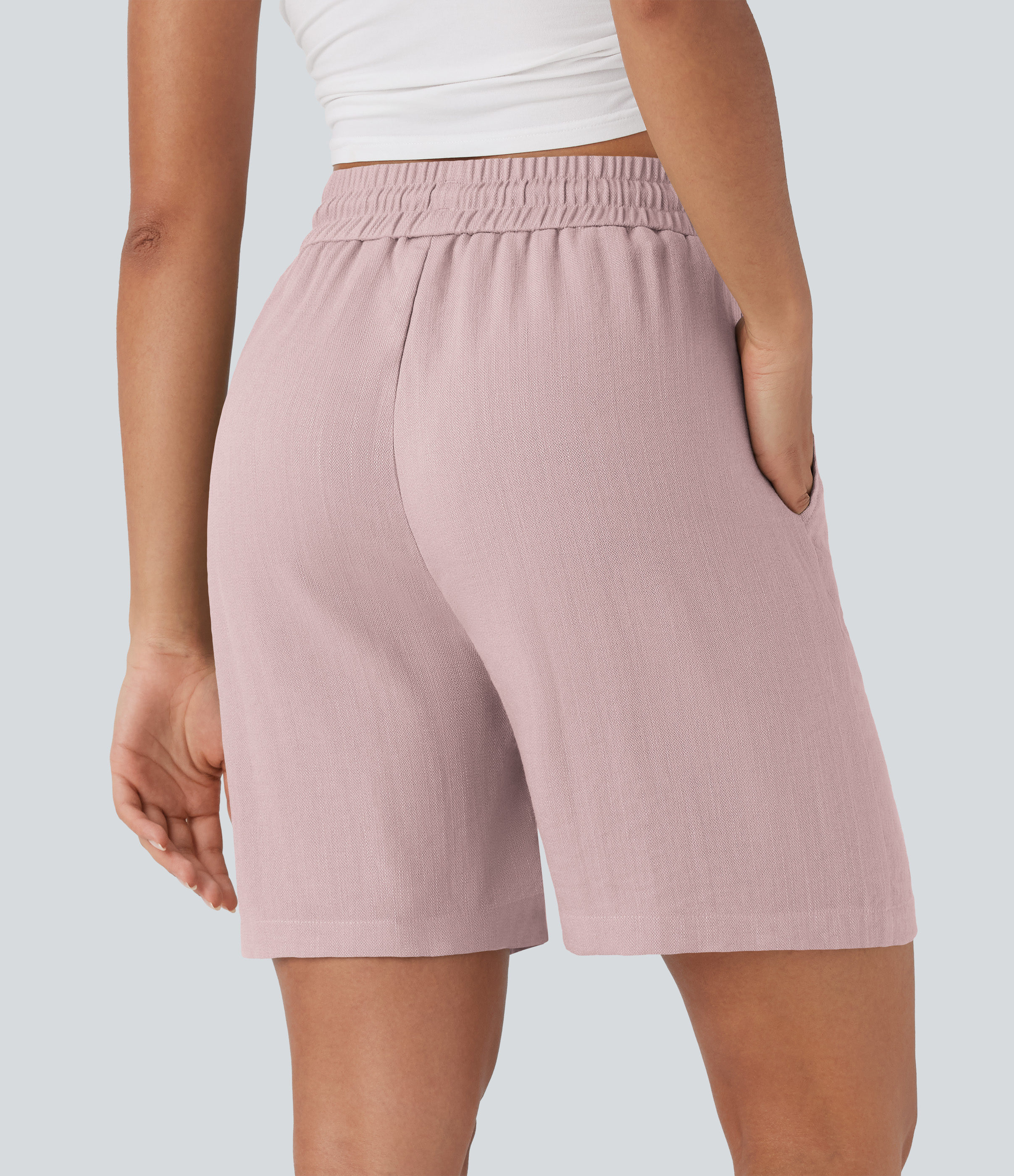 Pale Mauve High Waisted Drawstring Casual Linen-Feel Shorts with Pockets / 2