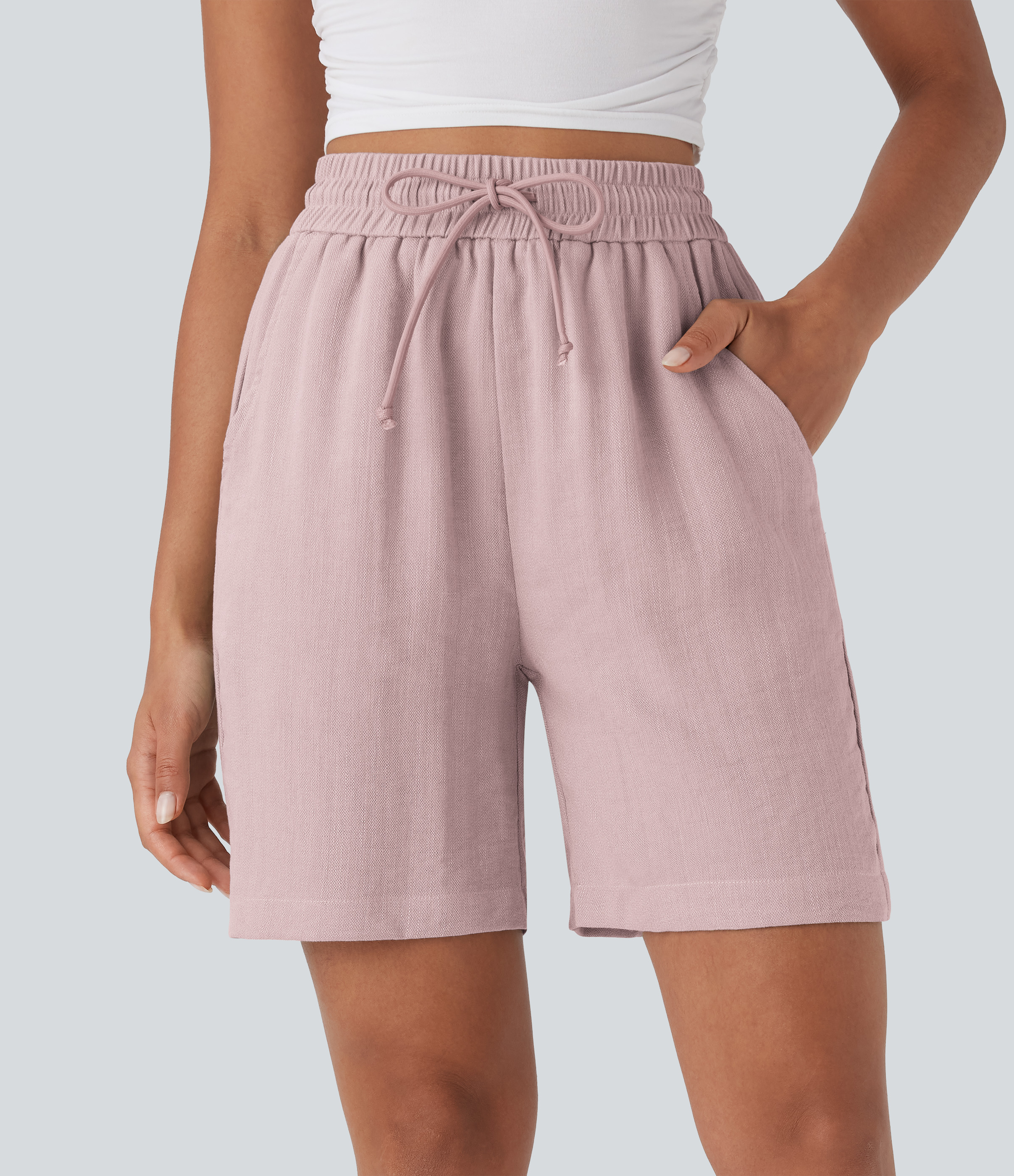 High Waisted Drawstring Women Casual Linen-Feel Shorts with Pockets