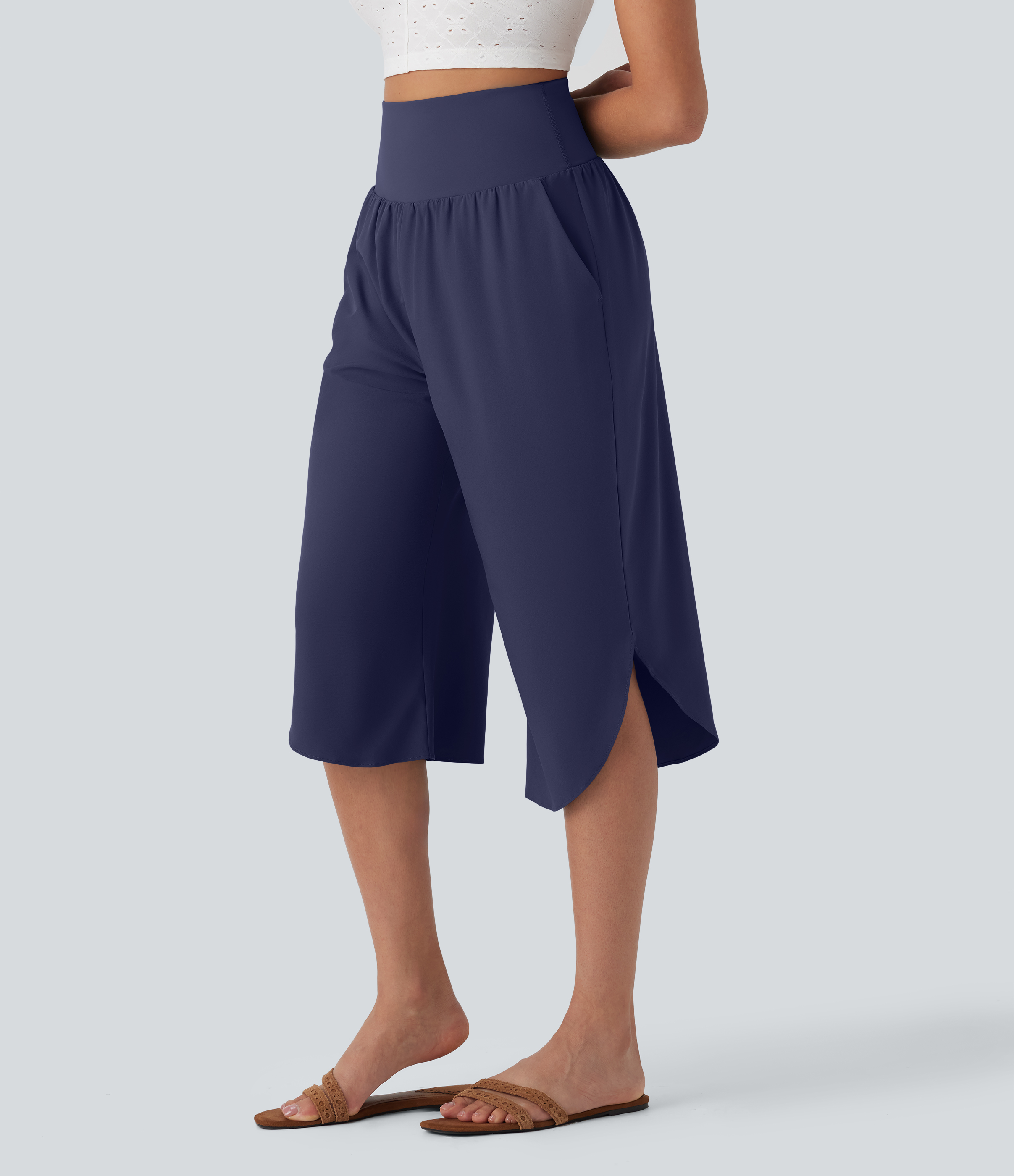 Breezeful™ High Waisted Tummy Control Hem Quick Dry Capri Pants with Pockets