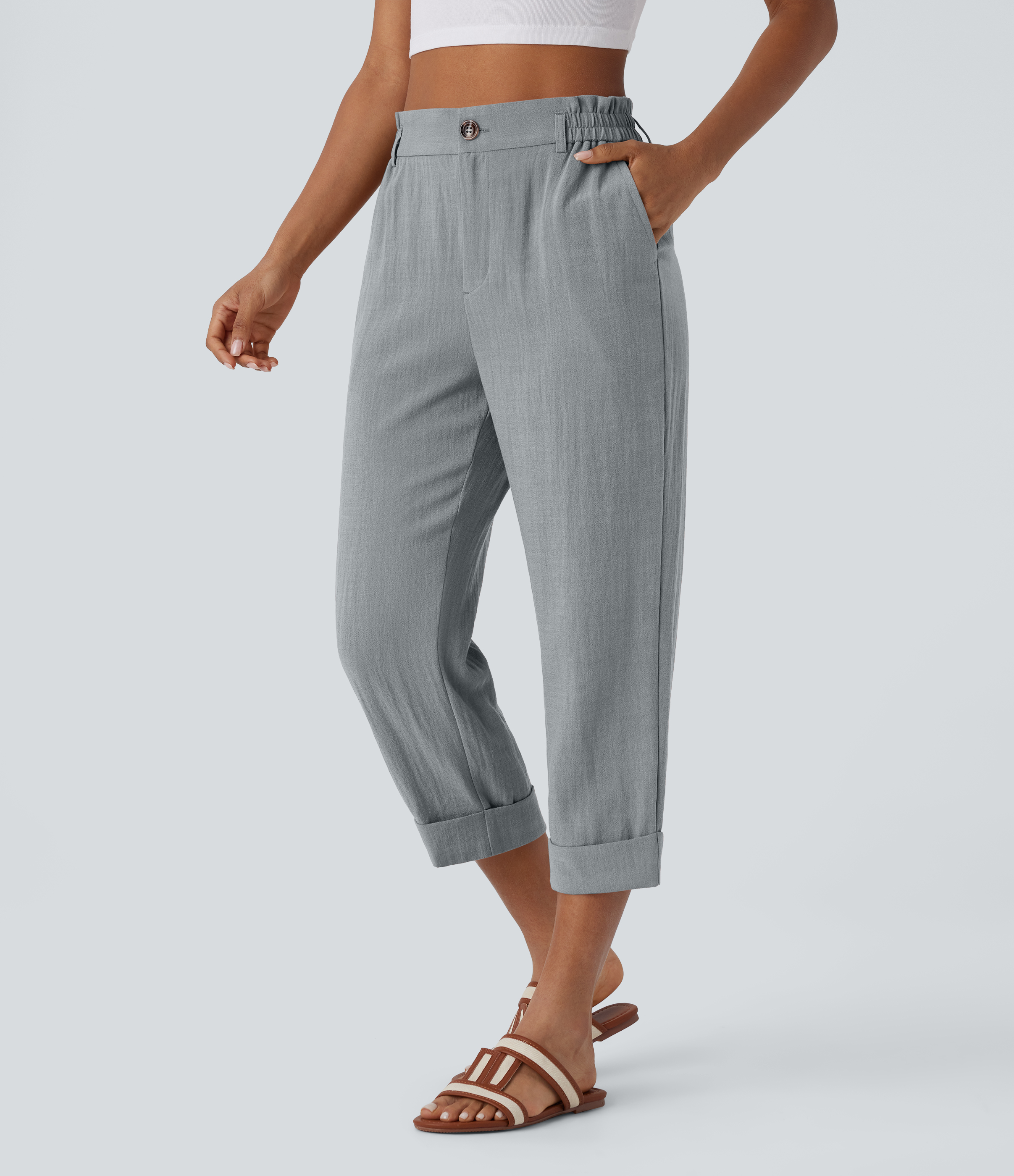 Pantalon court taille haute à poche zippée, aspect lin