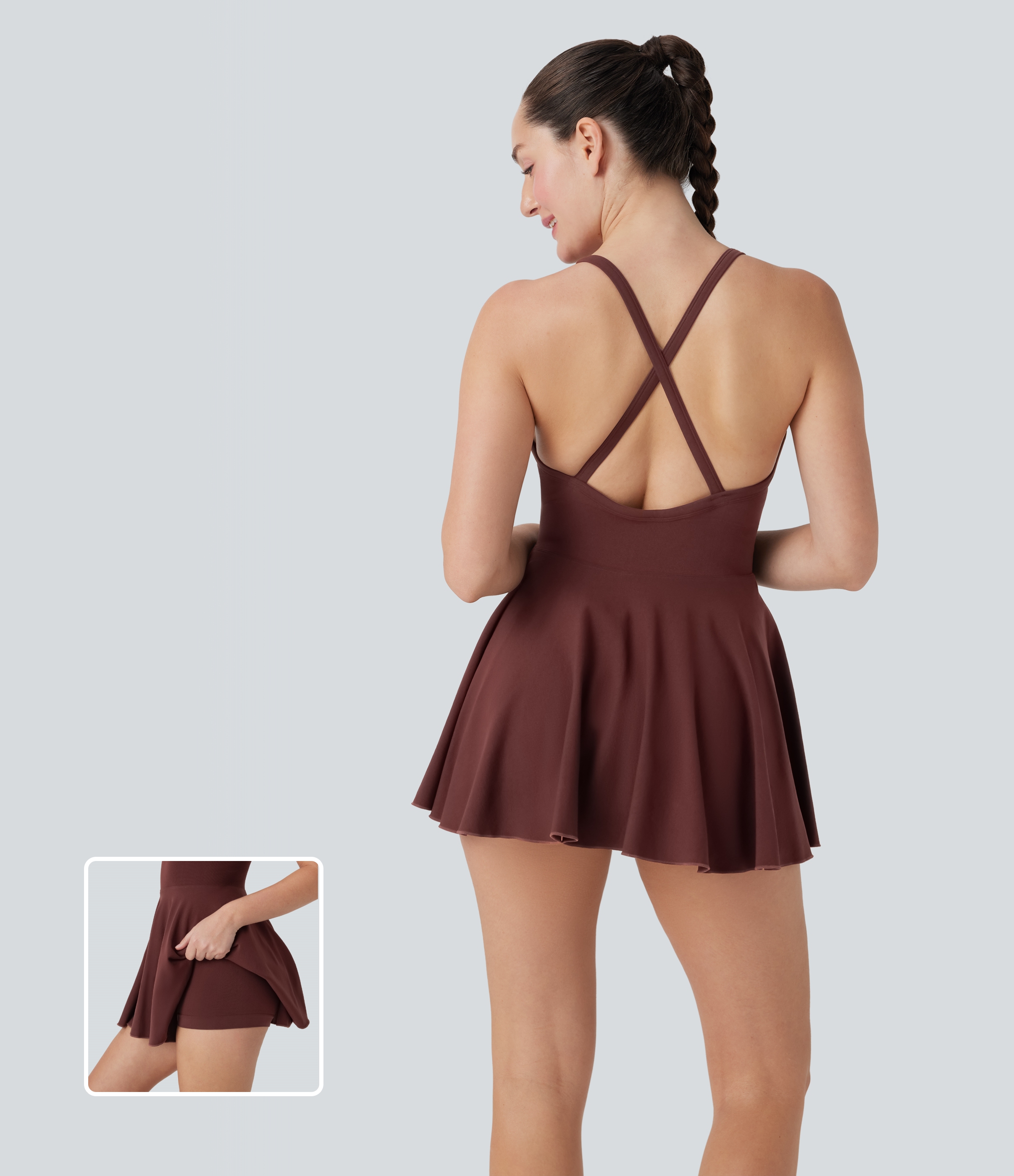 Vestido mini de baile 2 en 1 con espalda cruzada y sin costuras