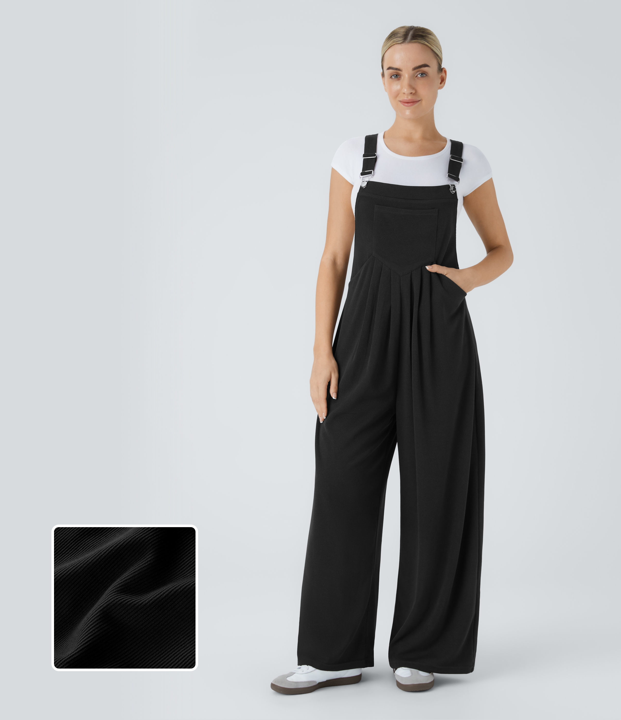 Black Ribbed Pockets Casual Overalls / 1