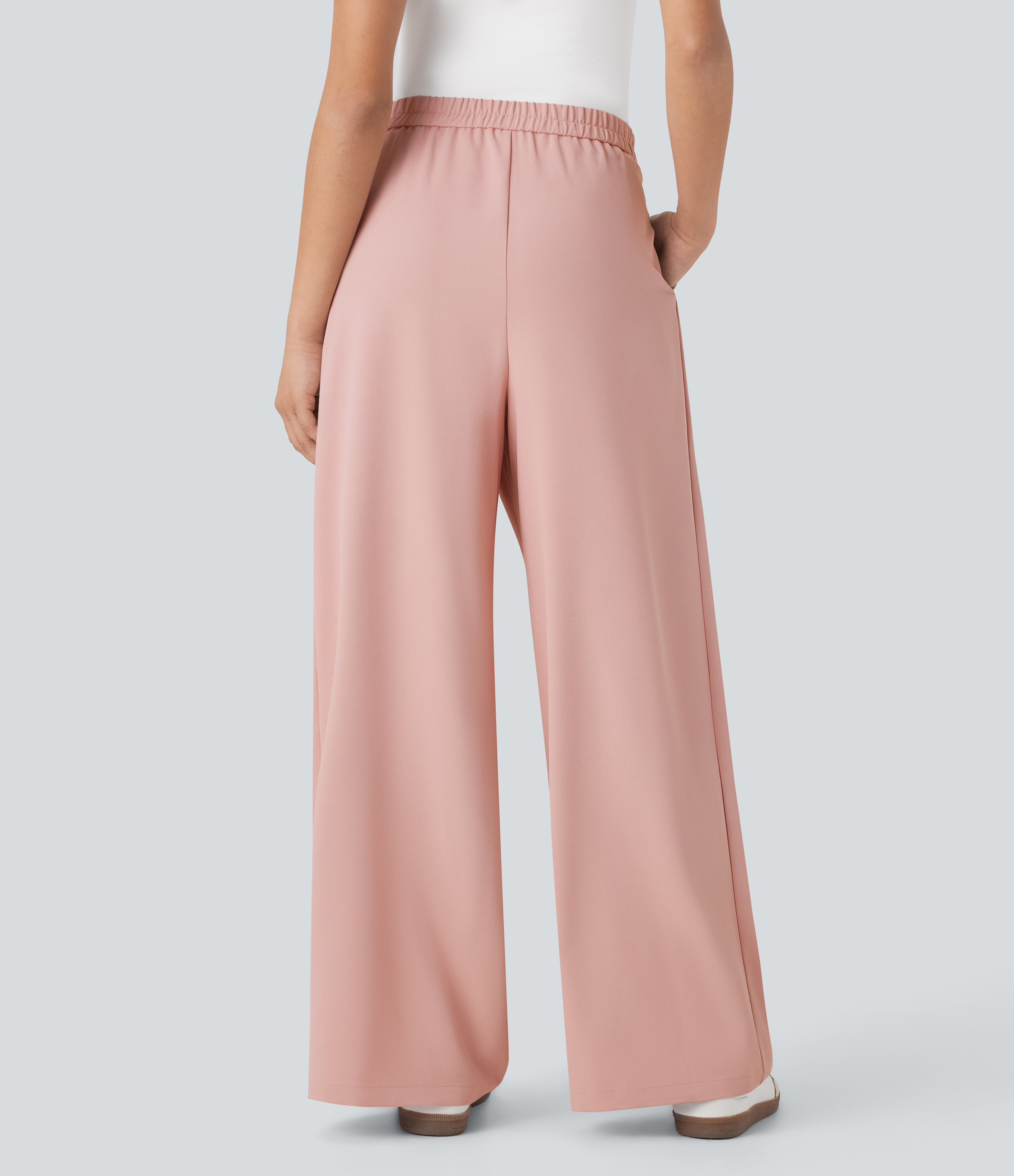 Peachskin Pantalones de oficina anchos de tiro alto con cremallera invisible, lazos laterales y bolsillos / 2