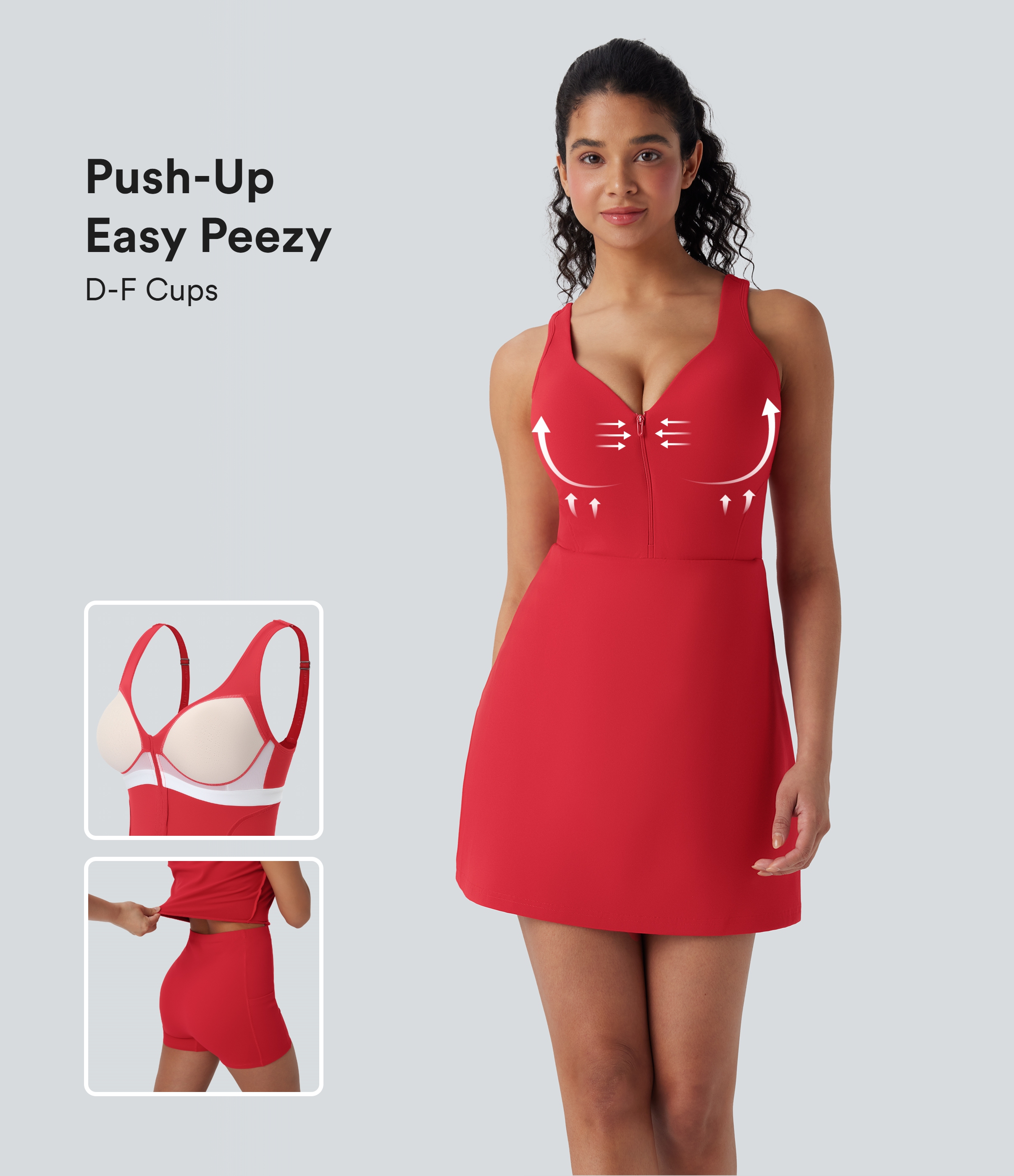Vestido deportivo SoftlyZero™ Plush afelpado 2 en 1 con push-up, copas moldeadas, cierre con cremallera, bolsillos de edición Easy Peezy en copas D-F